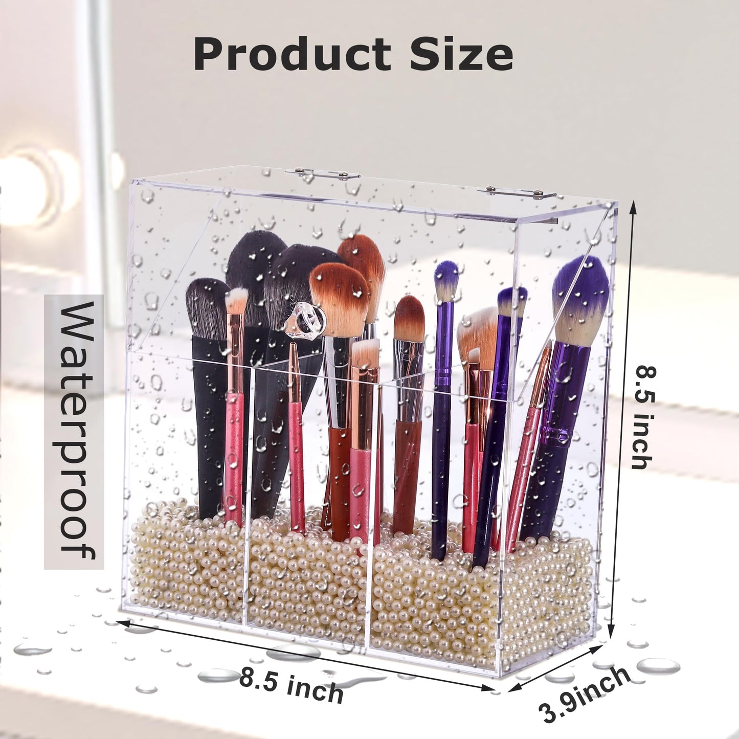 LOHRYVIO Acrylic Makeup Brush Holder with Lid - Clear Cosmetic Make up Brush Organizer and Storage Box with Dustproof Cover for Vanity - Large Capacity 3-Slots Container for Brushes (White)