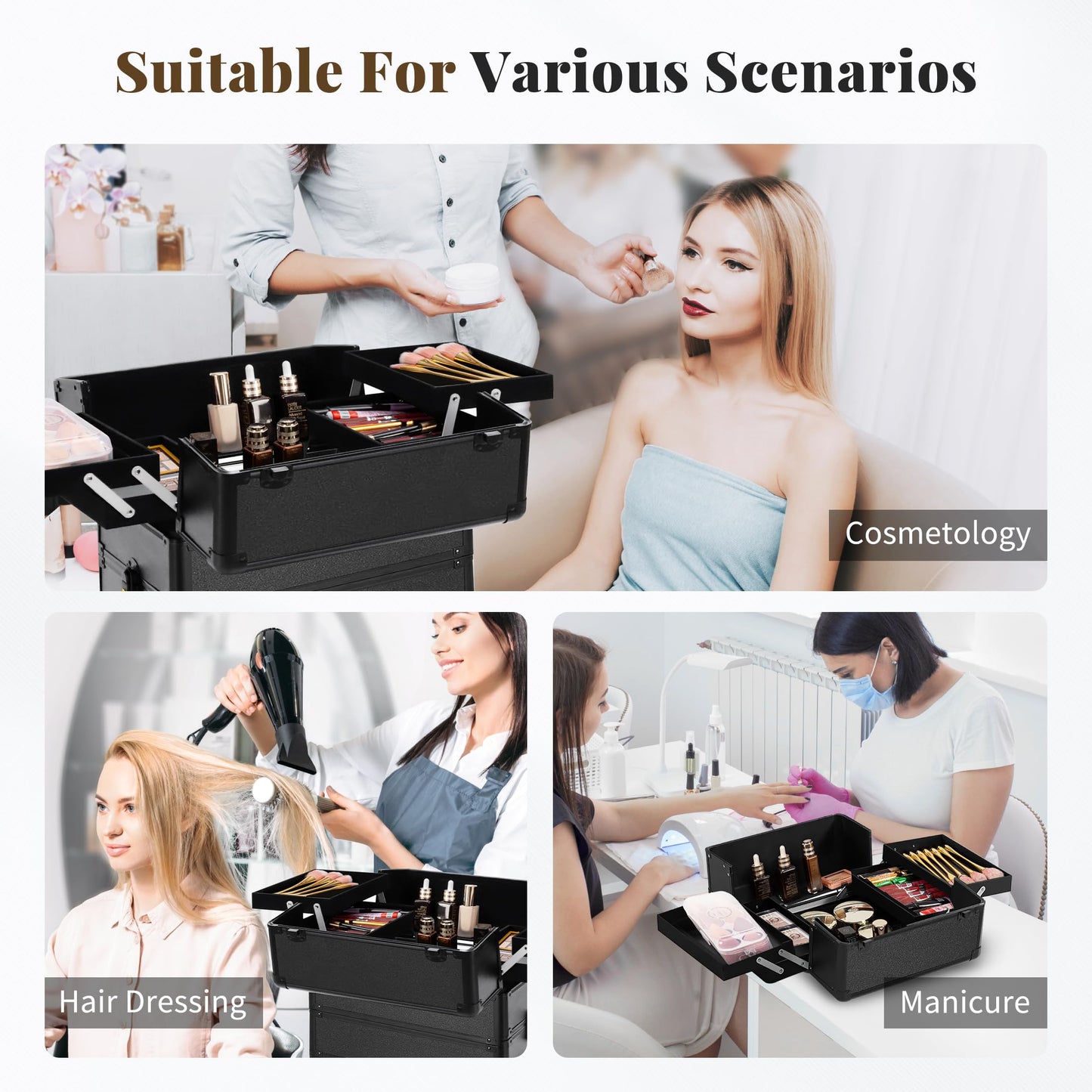 JINGUAN Profesional Rolling Makeup Train Case with Lid, 5 in 1 Cosmetology Case on Wheels, Large Cosmetic Trolley Organizer Travel for Hairstylist Artist Nail Beauty Salon Barber, Black