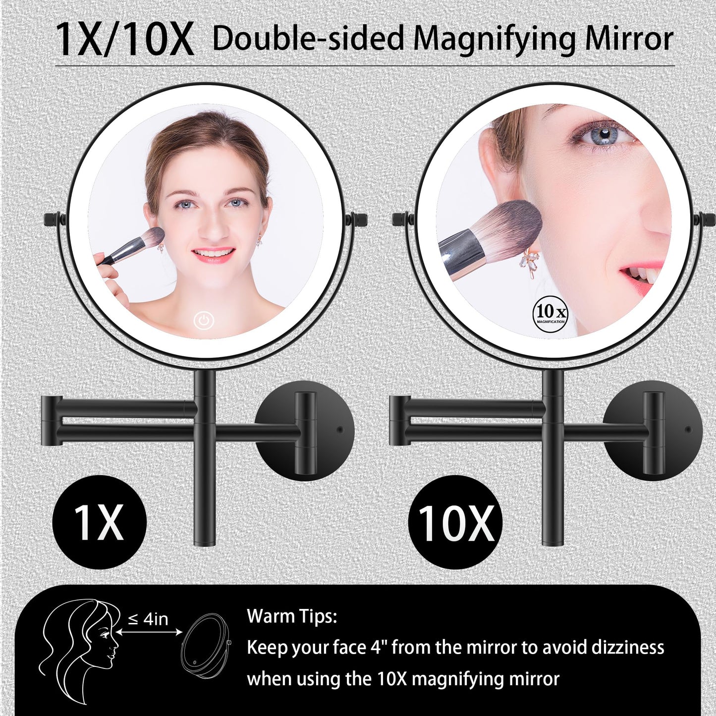LANSI Wall Mount Makeup Mirror with Lights and 1X/10X Magnification, Black