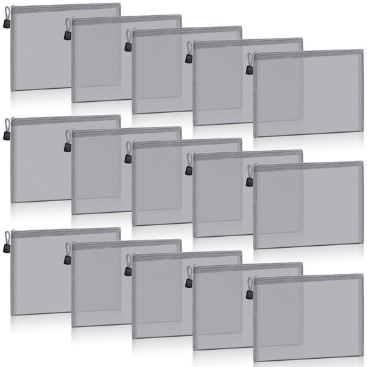 Outus 15 Pieces Mesh Bags Pouch Mesh Zipper Pouch Makeup Bags Cosmetic Travel Organizer Zipper Pencil Case for Organizing Office travel Storage(9.84 x 7.09 Inches,Gray)