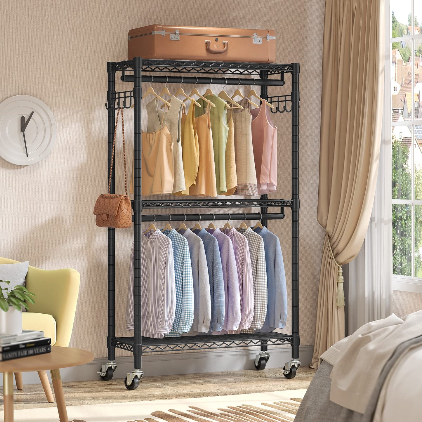 VIPEK R2 Medium Rolling Clothes Rack Heavy Duty Clothing Rack for Hanging Clothes Adjustable Metal Wire Shelving Portable Closet with Wheels Side Hooks, Freestanding Closet Wardrobe, Black