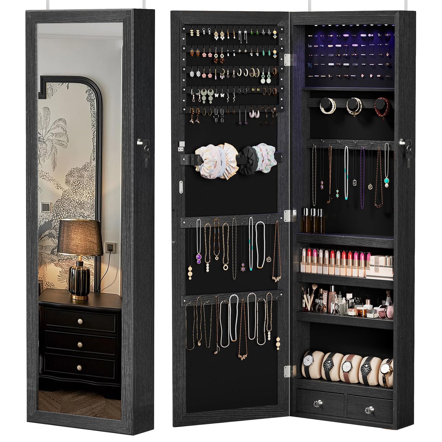Sweetcrispy Jewelry Organizers and Storage, Wall/Door Mounted Jewelry Armoire with Mirror, 47.2" Tall Mirror with Storage, Automatic 6 LED Lights, Lockable, 2 Drawers, Black