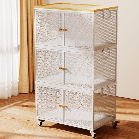 3 Tier Metal Storage bins with wheels, Storage Bins with Magnetic Doors, Storage Cart for Living Room