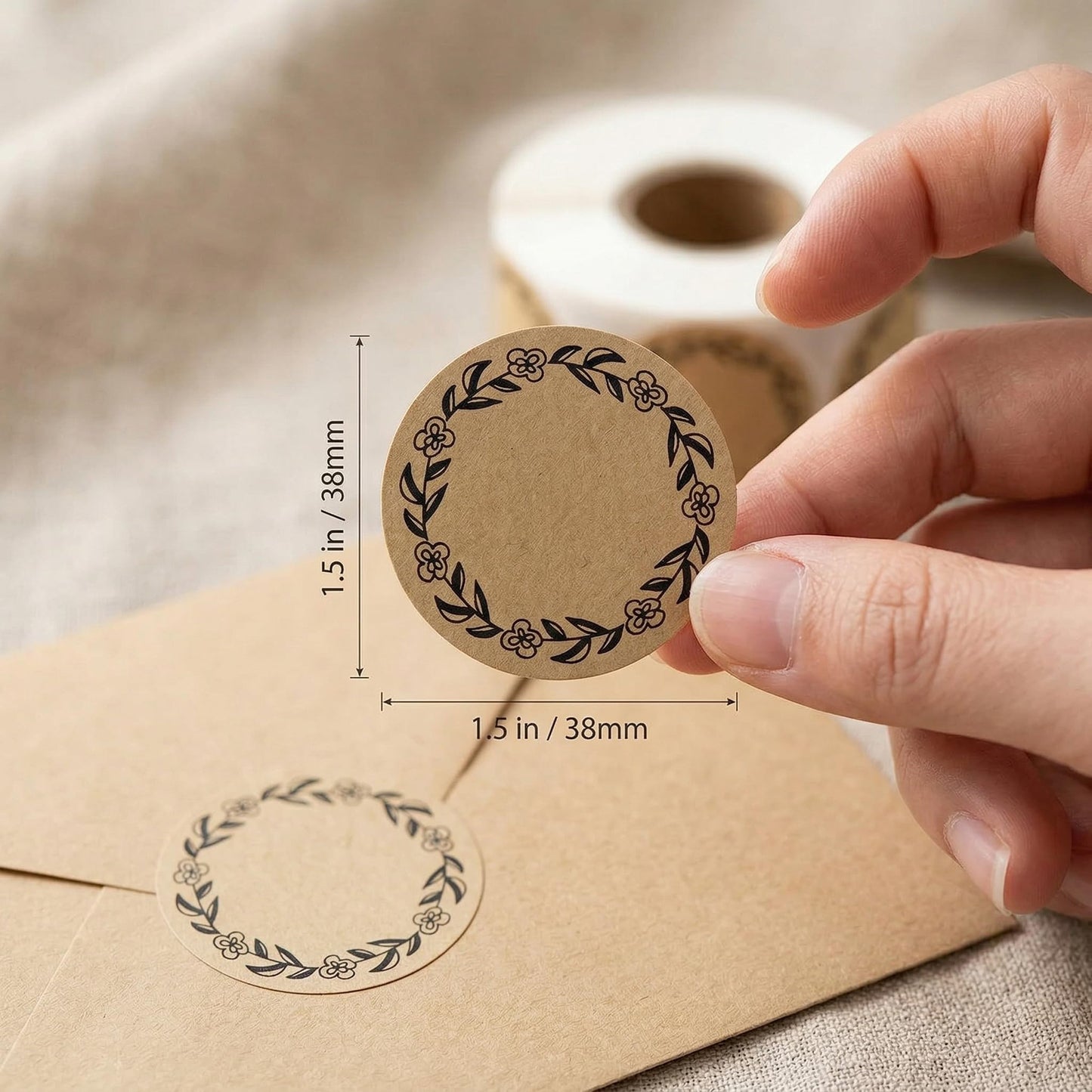 500PCS Kraft Paper Labels, 1.5" Round Floral Stickers for Packaging