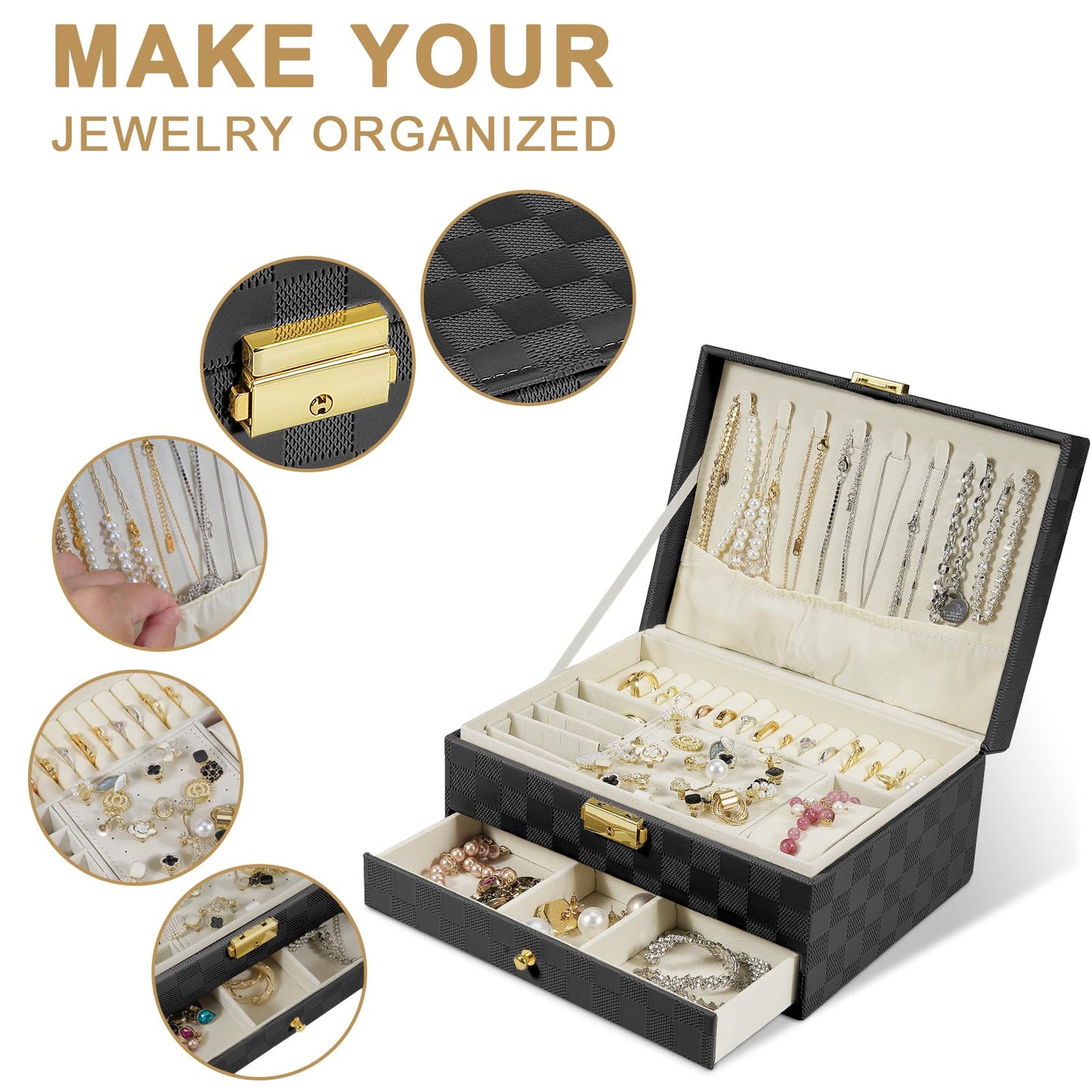GUOER Jewelry Box for Women Girl Wife - Large PU Leather Jewelry Organizer Storage Case with Two Layers Display for Earrings Bracelets Rings Watches (Checkered Black)