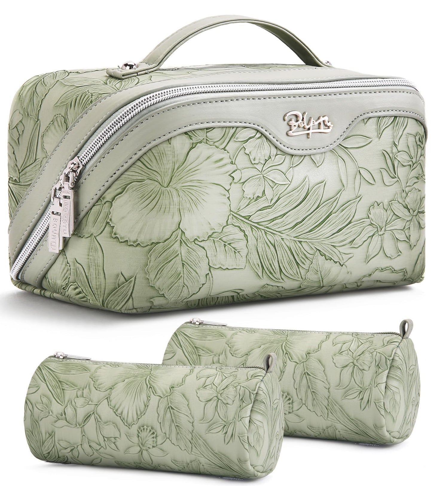 BOYATU Travel Makeup Bags Cosmetic Organizer Bag: 3-Set Large Capacity Make up Bag - PU Leather Toiletry Bags for Women - Wide Open Portable Pouch with Divider & Handle (02-Light Green)