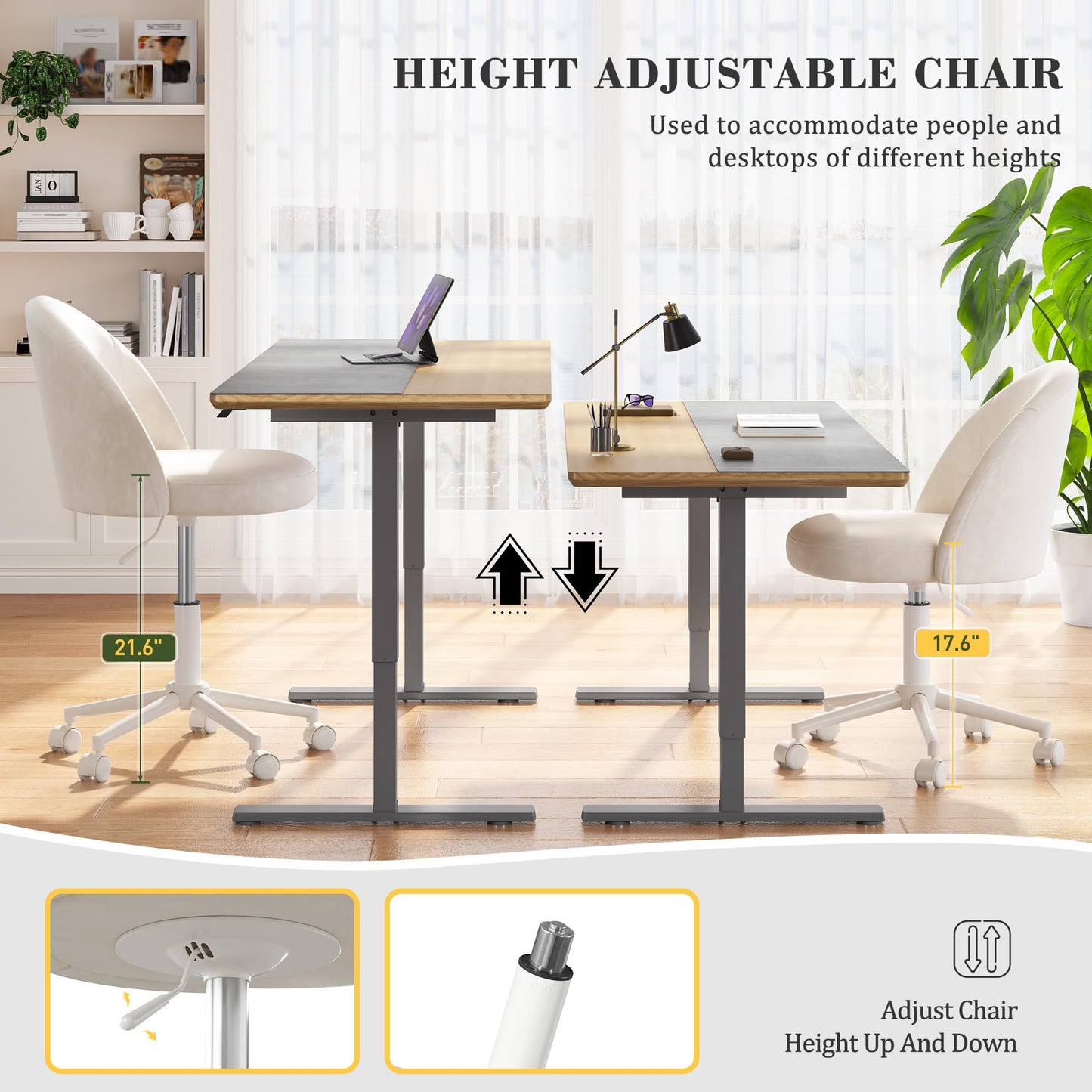 EnHomee Velvet Vanity Chair with Wheels – Armless Swivel Desk Chair, Height Adjustable, Curved Lumbar Back Support, Rolling Task Chair for Makeup Vanity, Home Office & Young Teen Bedroom, Cream White