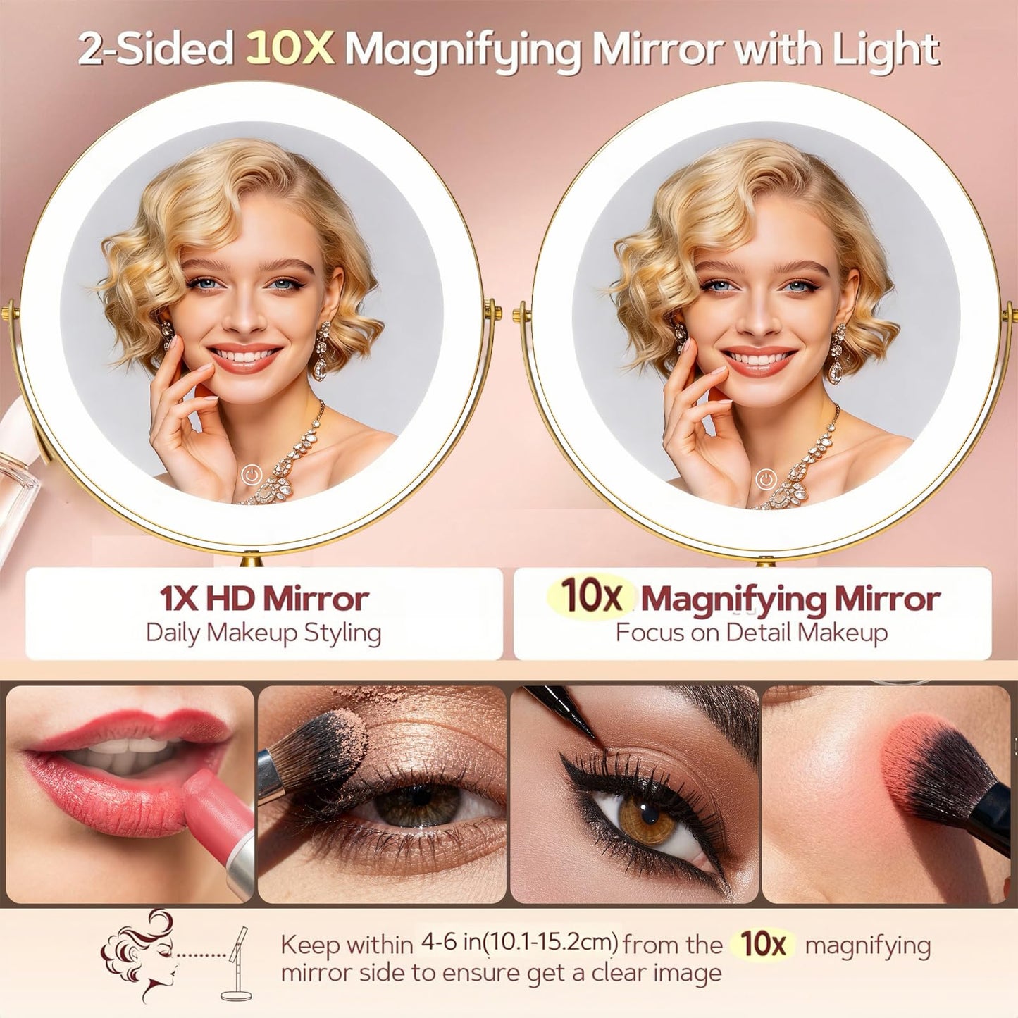 DEXHOM 12" Extra Large Lighted Makeup Mirror, 1X/10X, 2-Sided Magnifying Mirror with 96 LEDs, 3 Color Dimmable Lights, 360° Swivel, LED Vanity Mirror, Gold - Great Gift