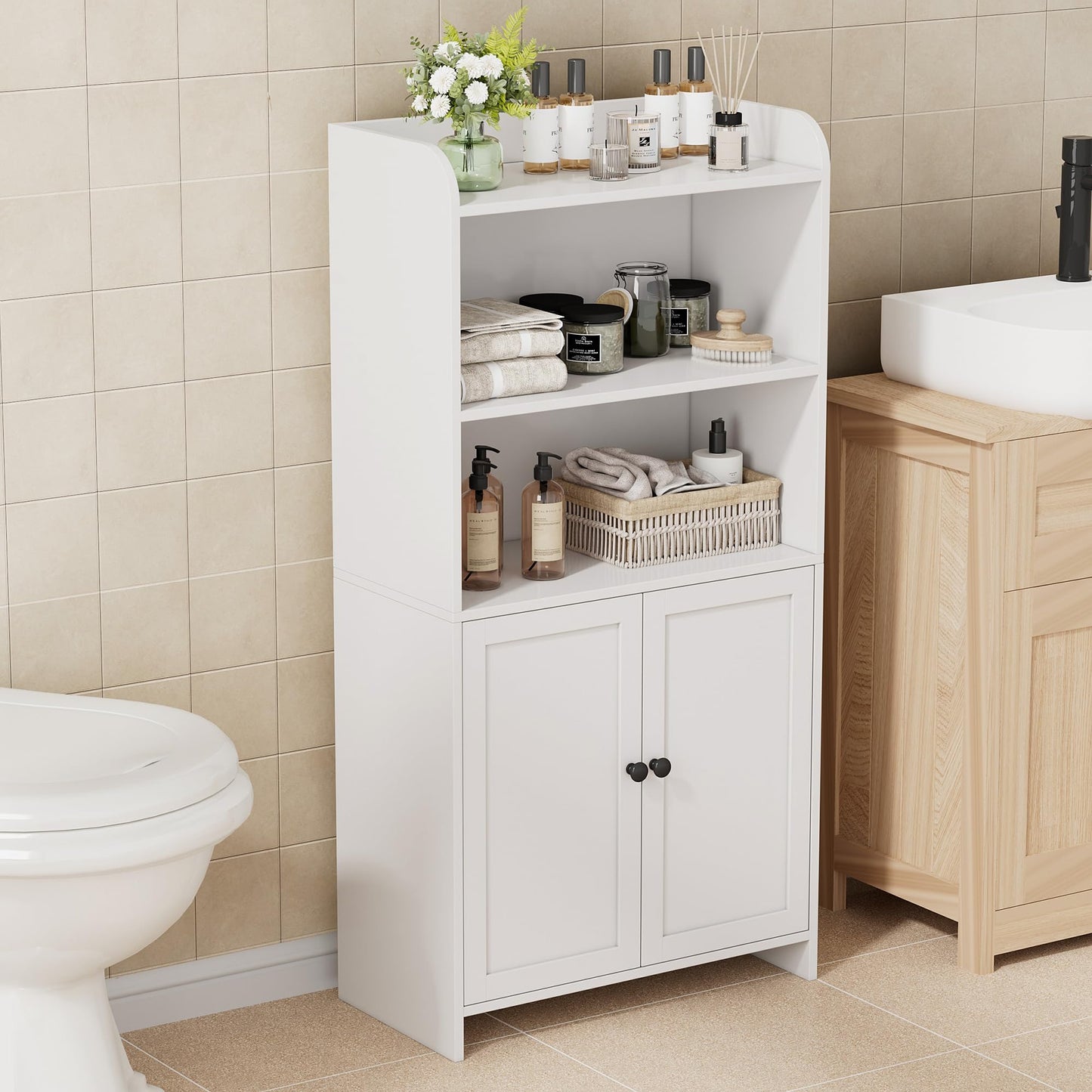 Homhedy Small Bathroom Storage Cabinet, Freestanding Toilet Paper Storage with 2 Doors and Shelves, Bathroom Organizers and Storage for Small Spaces, Laundry Room, 9.8" D x 19.7" W x 39.9" H, White