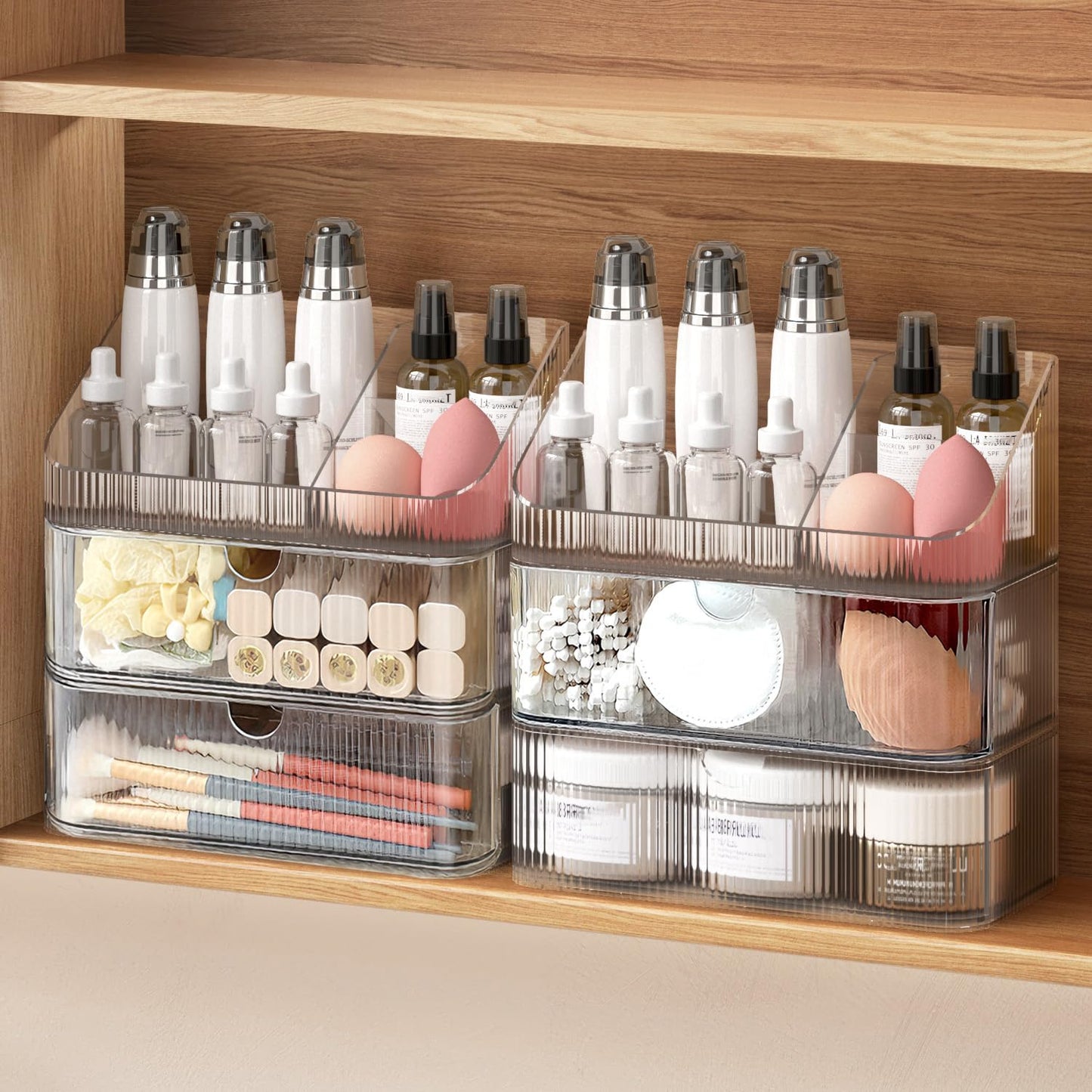 MEAJIO Medicine Cabinet Organizer 3 Tier, Stackable Bathroom Mirror Cabinet Storage，Small Makeup Organizers with 2 Drawer and 1 Tray for Wall Cabinet， Closet， Vanity, Countertop, Clear