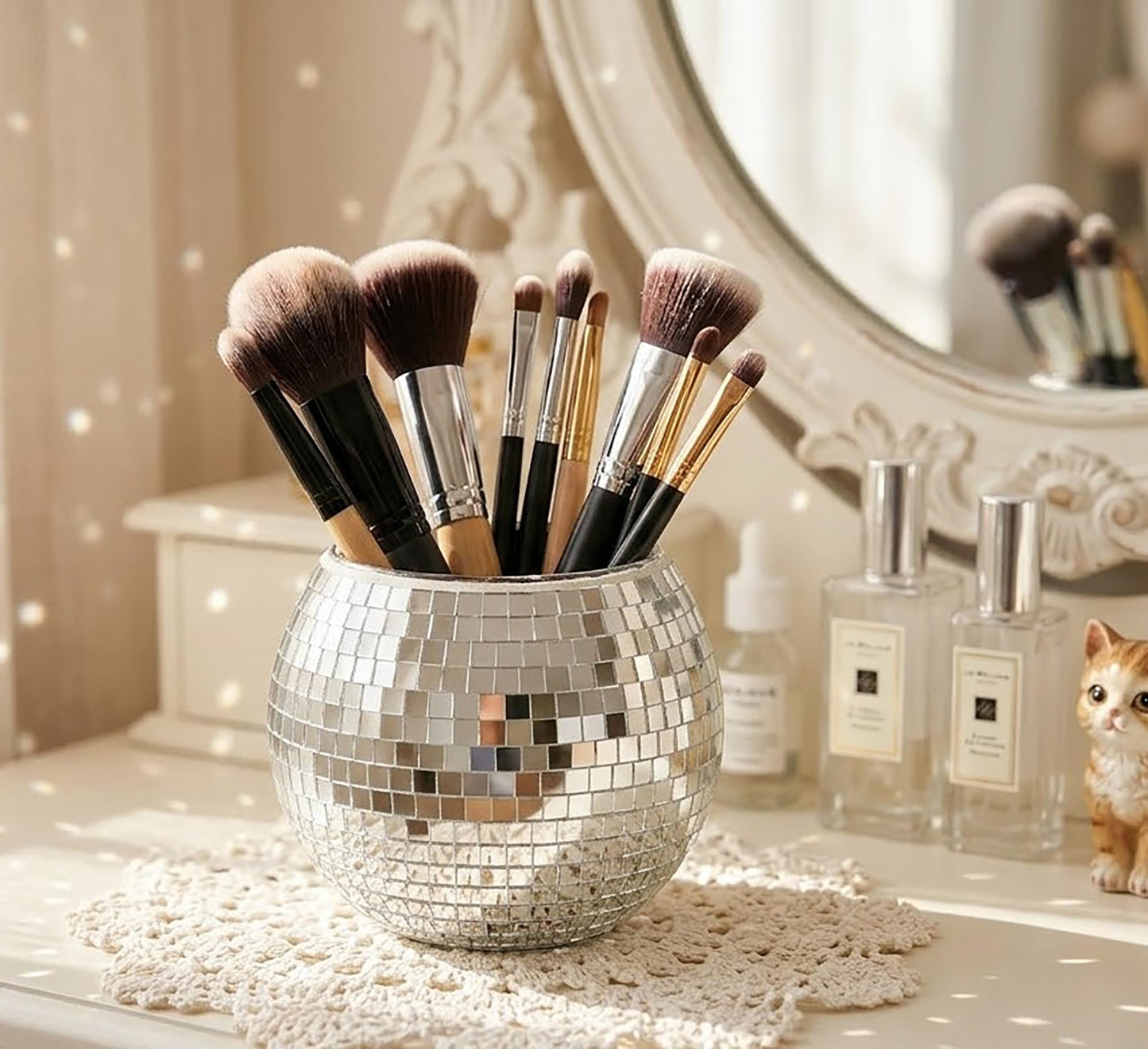 Choary 2 Pack Glass Disco Ball Makeup Brush with Smooth Grouting - Premium Mirror Mosaic Pencil Cup for Desk, Cute Pen Holder, Aesthetic Room Decor Gift (silver)