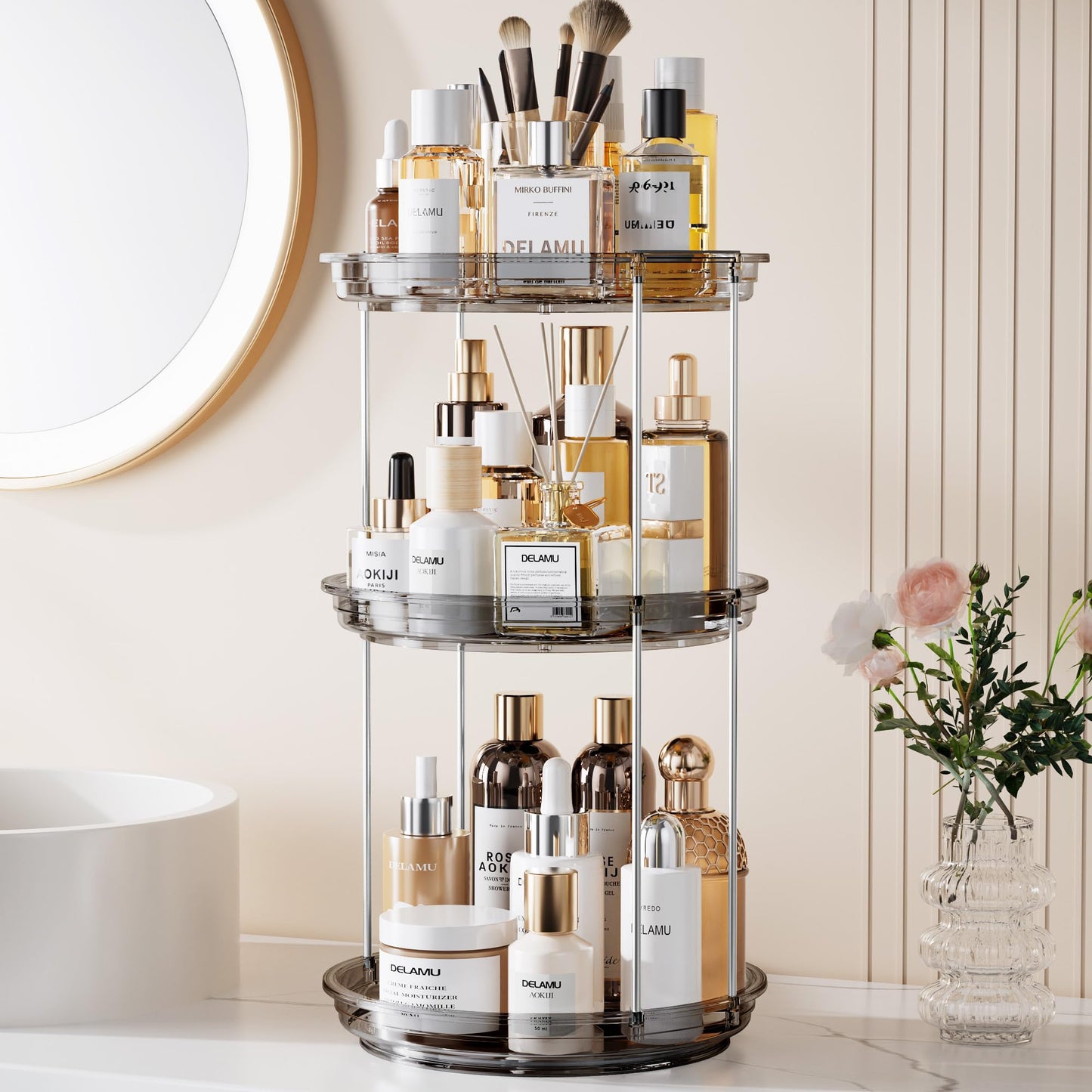 Delamu 3 Tier Rotating Makeup Organizer for Vanity, Skincare Organizer for Bathroom Counter, Spinning Perfume Organizer Cosmetic Holder with Large Capacity, Grey