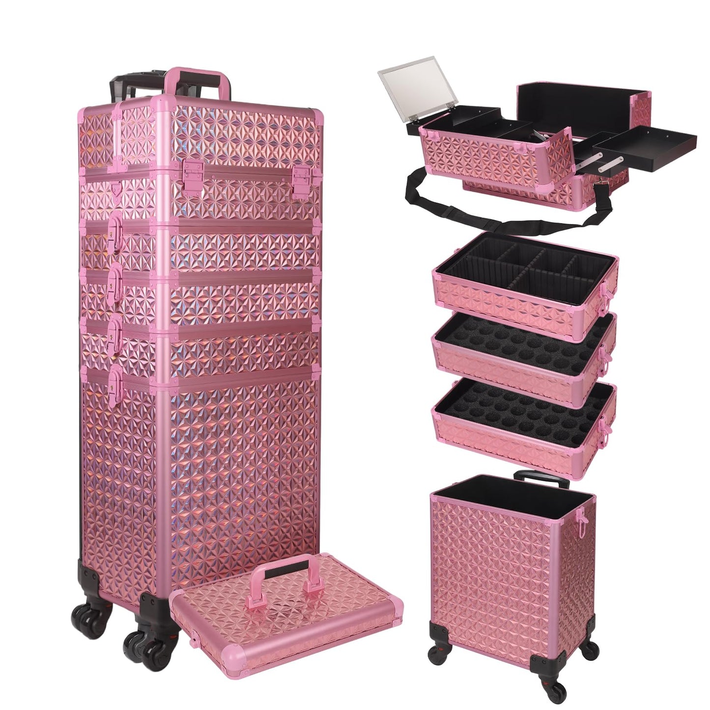 Rolling Makeup Train Case 6 in 1 with Mirror & Lock, Professional Makeup Travel Case, Large Cosmetic Organizer for Cosmetologists & Nails, Bonus 4 Replacement Wheels (6, Gold Pink Holographic)