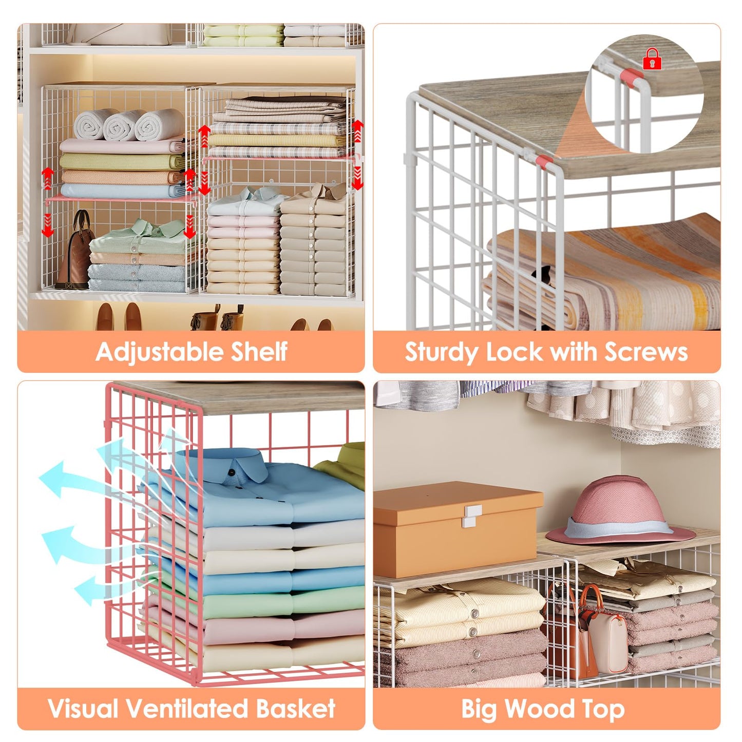 5 Pack Extra-Long Closet Organizers and Storage with Ajustable Shelf, Stackable Closet Shelf Organizer, Double Storage Design Clothes Storage Cube/Bin Organizer for Wardrobe, Space-Saving, White