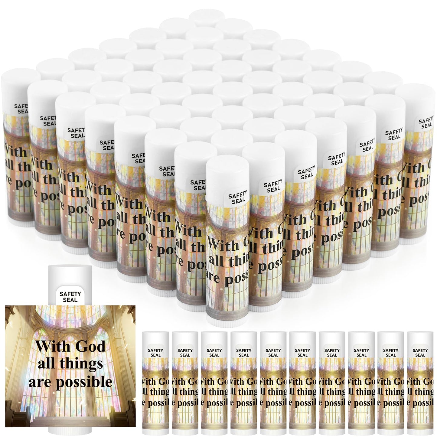 60 Pcs Christian Gifts Bulk - Vanilla Lip Balm with Scripture "With God All Things Are Possible", Natural Beeswax Moisturizing Lip Balm for Church Events, Bible Study, Religious Favors