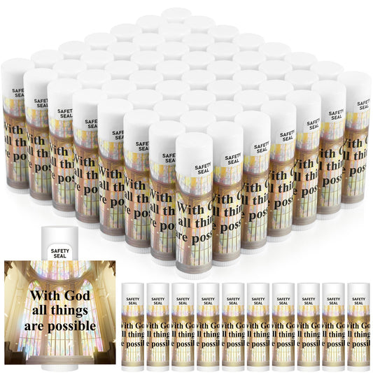 60 Pcs Christian Gifts Bulk - Vanilla Lip Balm with Scripture "With God All Things Are Possible", Natural Beeswax Moisturizing Lip Balm for Church Events, Bible Study, Religious Favors