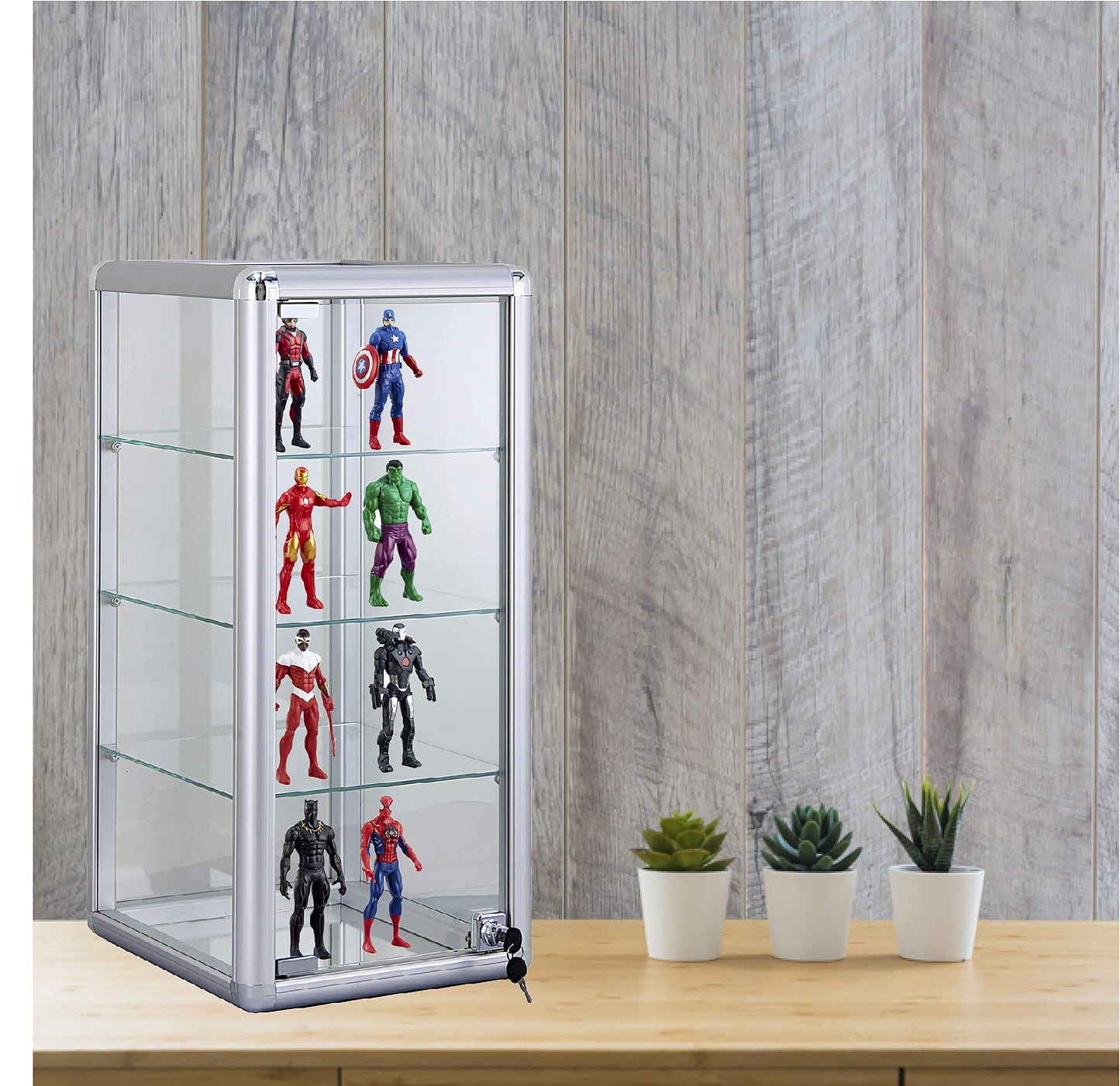 StoreDisplays 3 Shelf Sturdy H Glass Display Countertop Aluminum Frame Tempered Glass Showcase- 14" L x 12" D x 27" H (Silver)