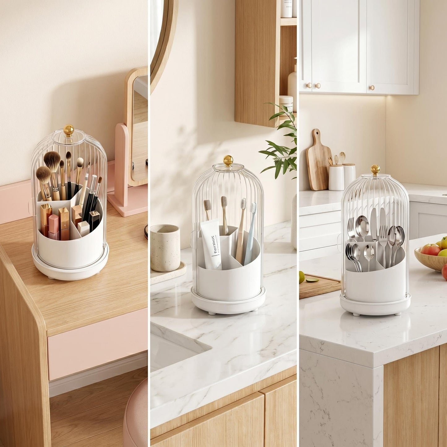Makeup Brush Holder with Lid Rotating Clear Dustproof Make Up Organizers for Vanity Makeup Brush Storage Box Toothbrush Holders Toothpaste Holder Bathroom Counter Stand Sink Organizer Caddy for Vanity