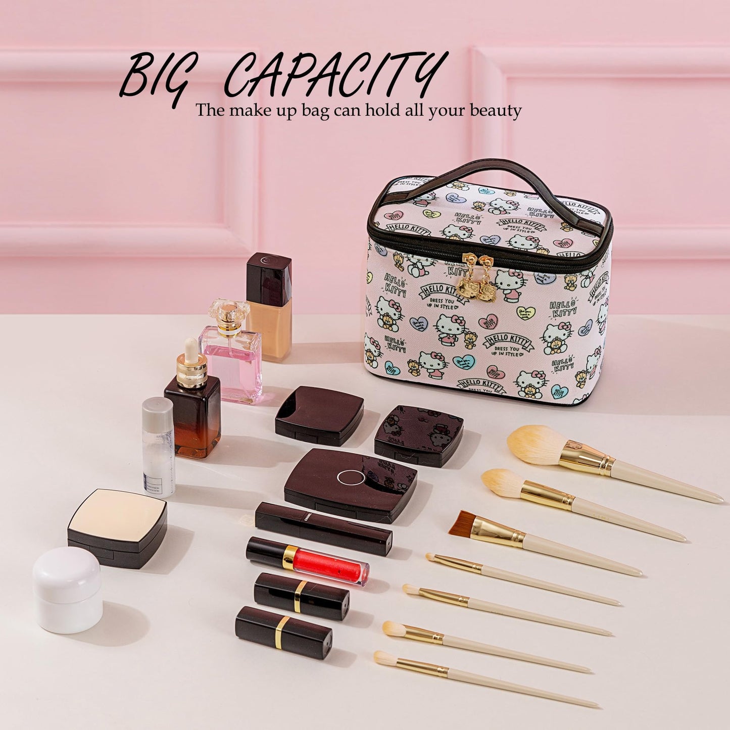 AmBealla Cosmetic Bag Large Makeup Bag Pink Makeup Travel Case with Brush Holder,Canvas Organizer for Women,Toiletry Bag for Skincare&Beauty Tools Sweet Cute for Girls