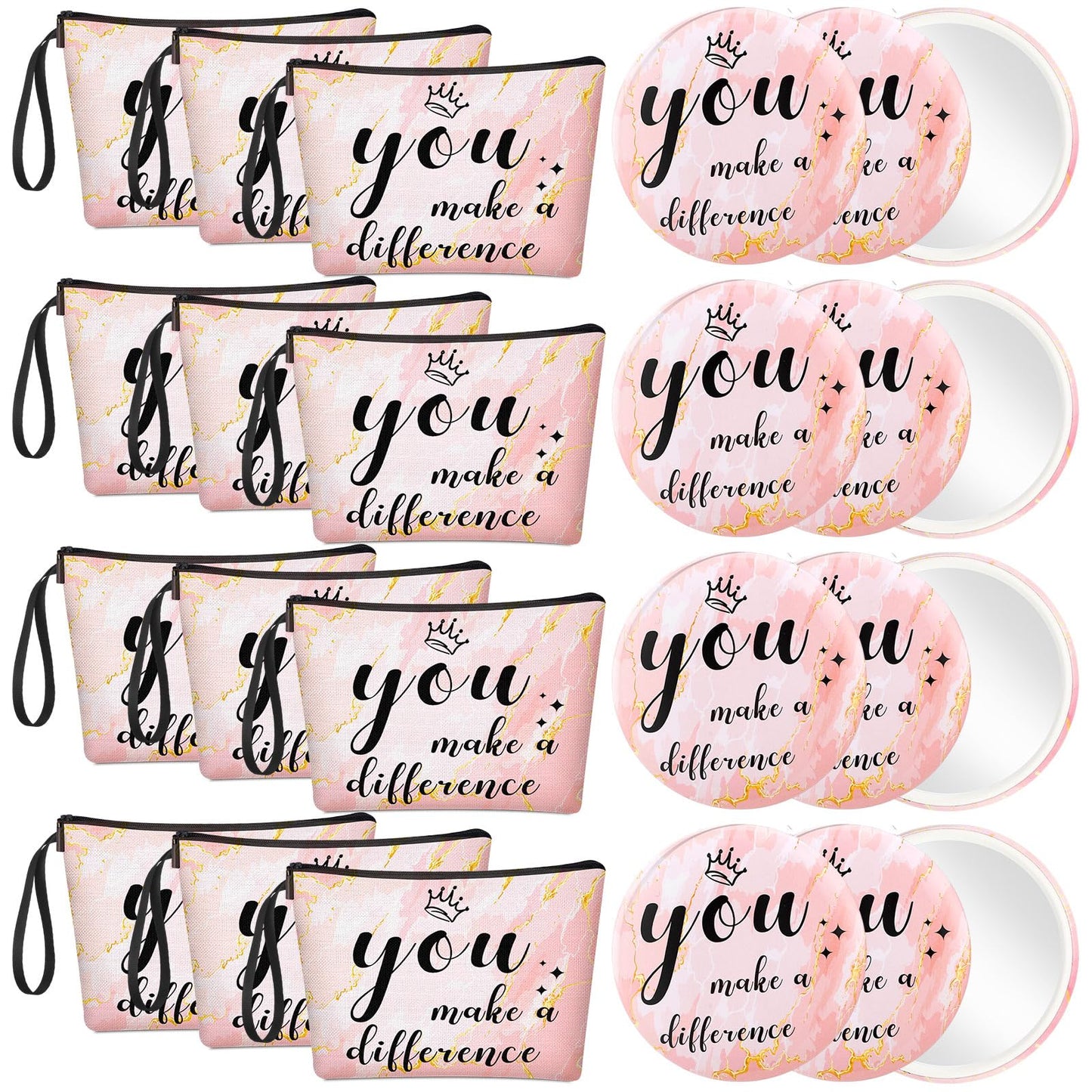 Xuniea 24 Pcs Employee Appreciation Gifts for Women 12 Motivation Canvas Makeup Bags 12 Pocket Mirror Inspirational Thank You Gifts for Teacher Mother's Day Nurse Team(Make A Difference)