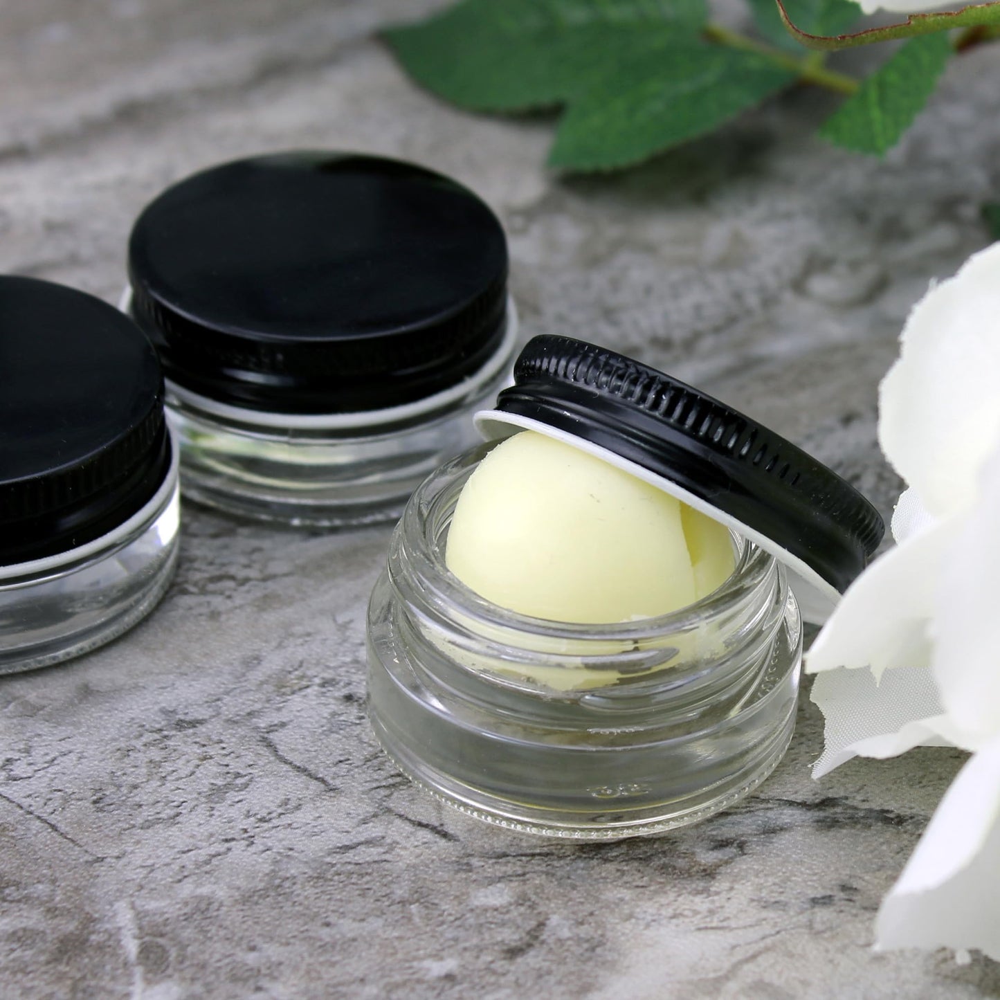 Cornucopia Brands 7-Milliliter Glass Lip Balm Jars (24-Pack).25-Ounce Thick-Walled Containers (7ml Clear w/Black Metal Lids)