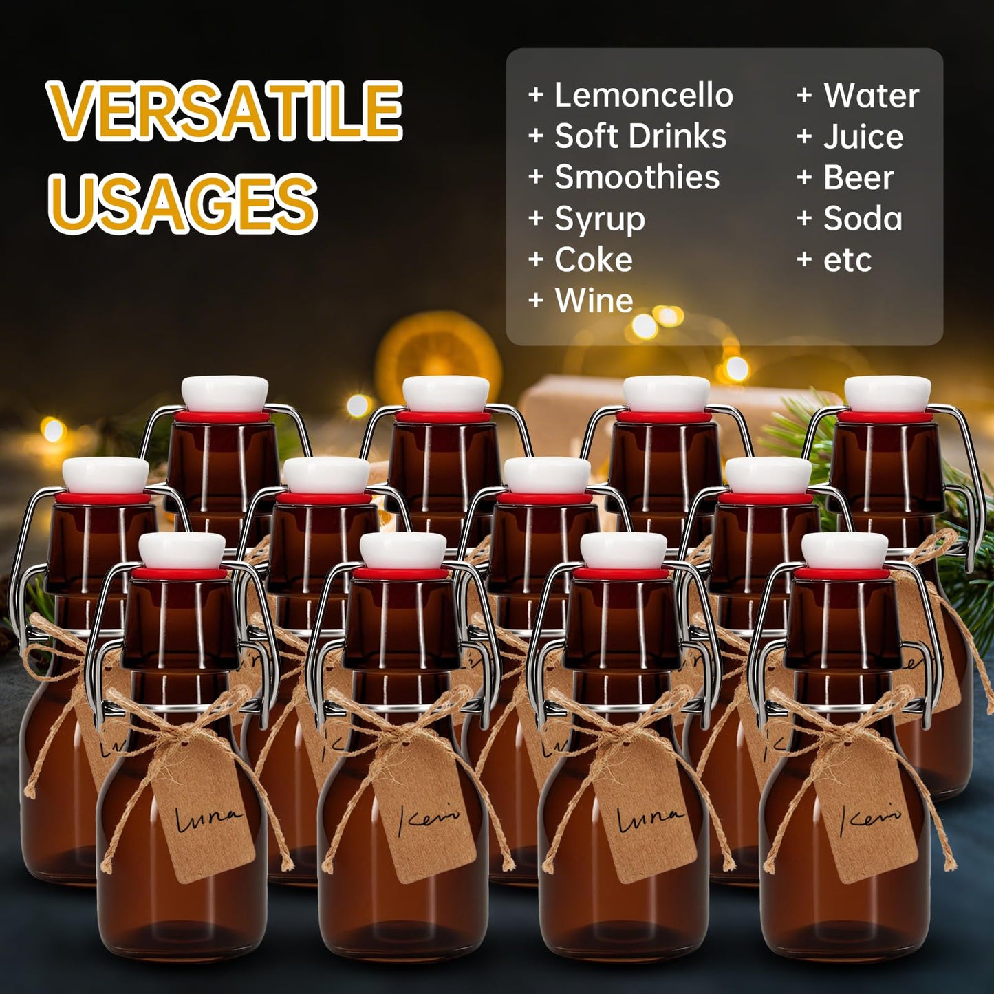 eispap 12Pcs 2 oz Amber Mini Swing Top Glass Bottles with Stoppers Small Flip Top Bottles with Airtight Lids for Crafts Decoration Wedding Themed Party Favors (12)
