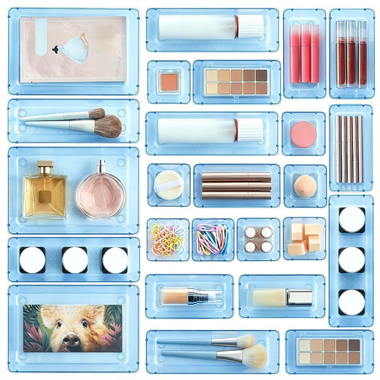 Vtopmart 25 PCS Plastic Drawer Organizers Set, 4-Size Versatile Bathroom and Vanity Drawer Organizer Trays, Storage Bins for Makeup, Bedroom, Kitchen Gadgets Utensils and Office