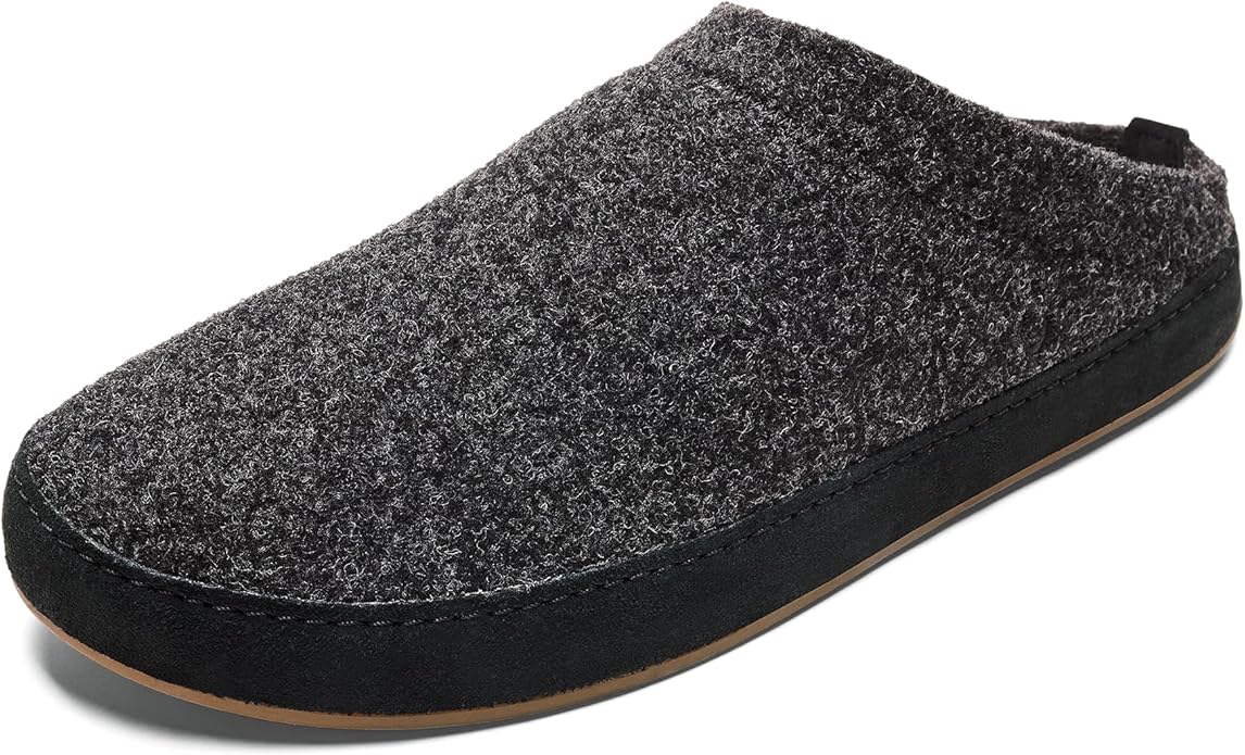 OLUKAI Hamani Hulu Men's Wool Mule Slippers, Soft & Comfortable Slippers with Premium Materials, Sheepskin Shearling & Italian Felt, All-Day Wear, Dk Shadow/Dk Shadow, 8