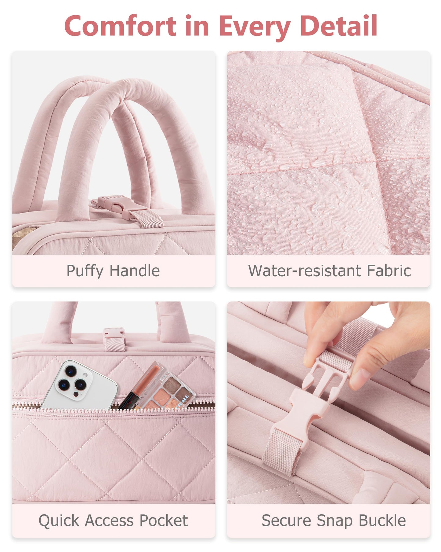 Marscamd Travel Toiletry Bag for Women with Hanging Hook, Puffy Makeup Organizer with Brushes Slots for Bathroom, Shower and Beauty Essentials, Pink