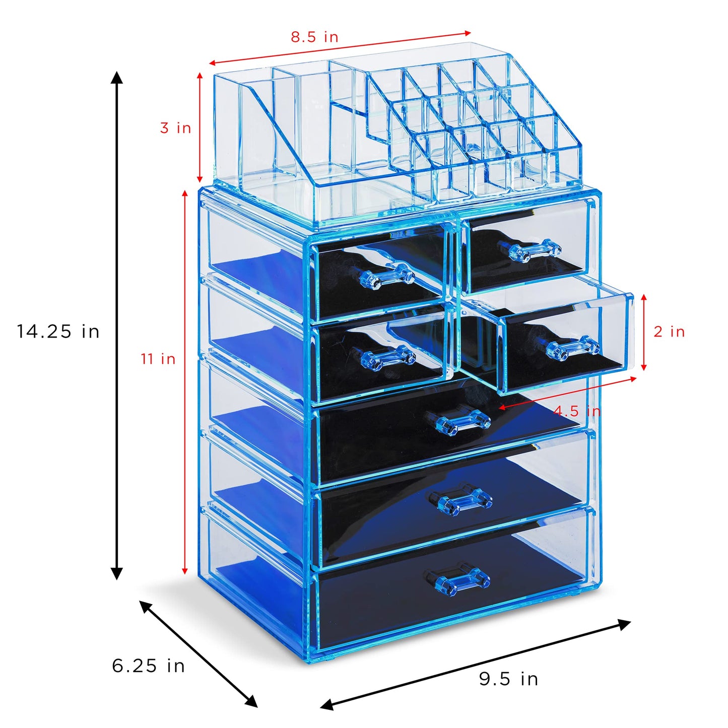 Sorbus Acrylic Makeup Organizer Set, 7-Drawer Vanity & Countertop Cosmetic Storage with Small & Wide Compartments, Blue Brilliance Makeup Storage for Brushes, Jewelry – Holiday Gift for Women & Teens