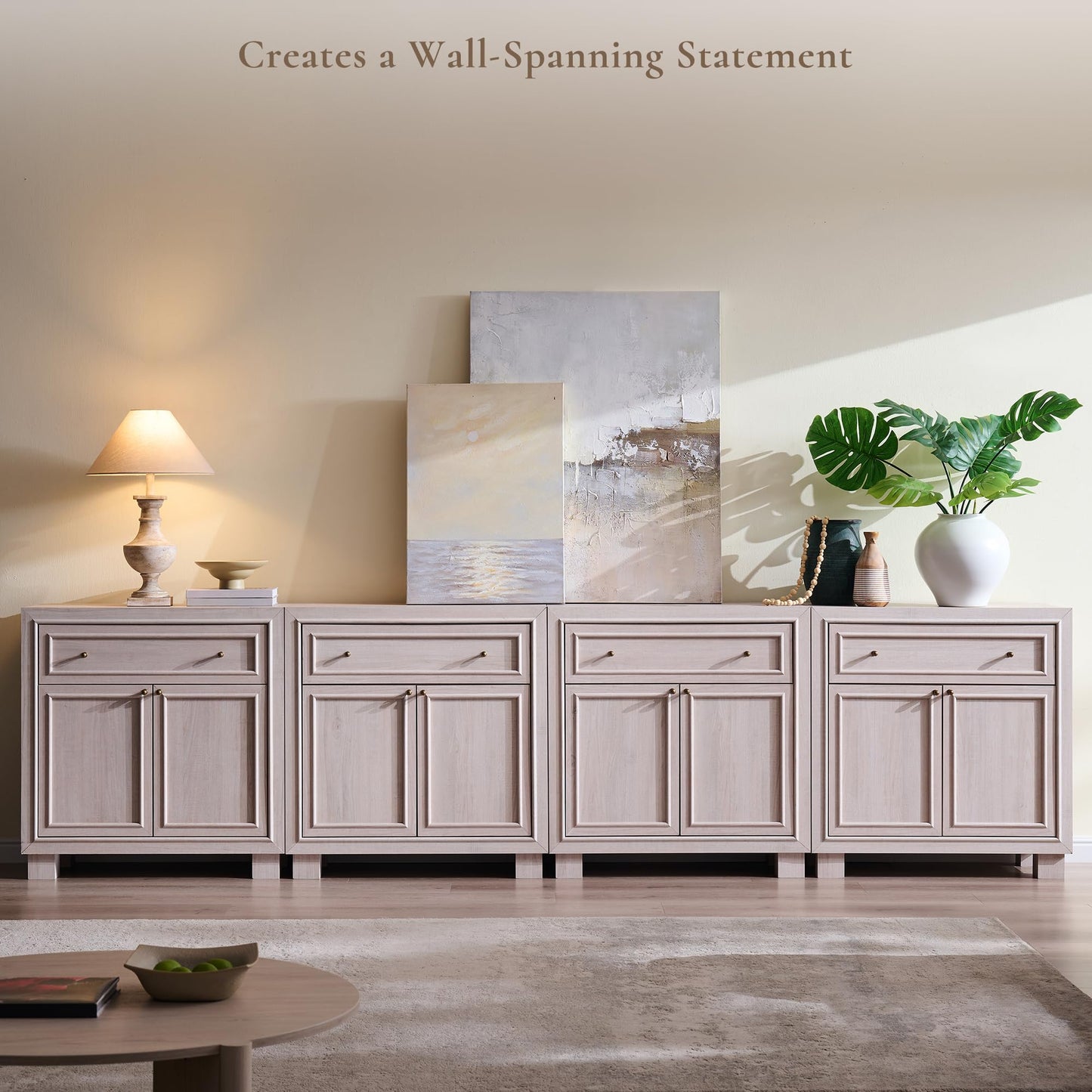 ACCOHOHO Modern Farmhouse Buffet Cabinet, 126" Sideboard Credenza, Modular Storage Cabinet with Framed Panel Fronts, Adjustable Shelves & Dual Base Design, White Alder