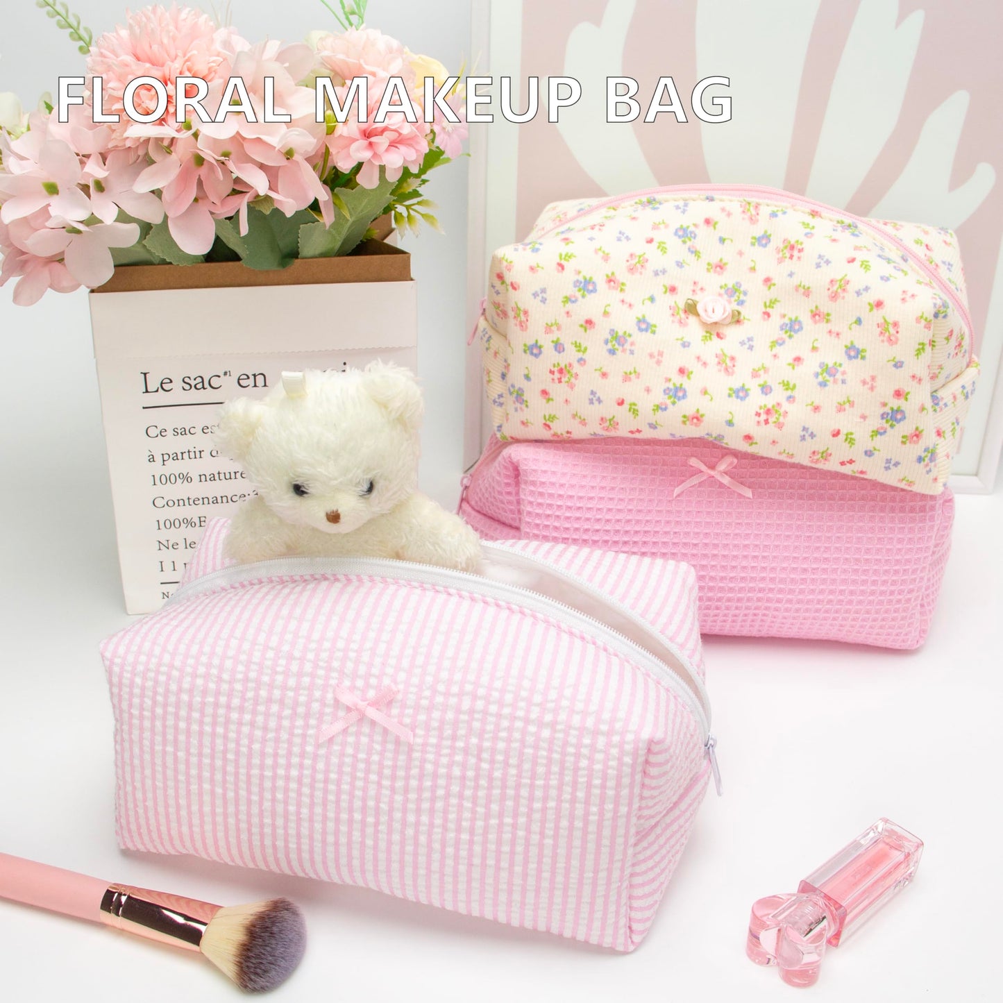 PAZIMIIK 6PCS Cozy Makeup Bag SET Travel Cosmetic Bag for Women Soft Toiletry Bag Aesthetic Makeup Organizer Portable Large Zipper Pouch for Skincare Beauty Accessories Brushes Stripe Pink
