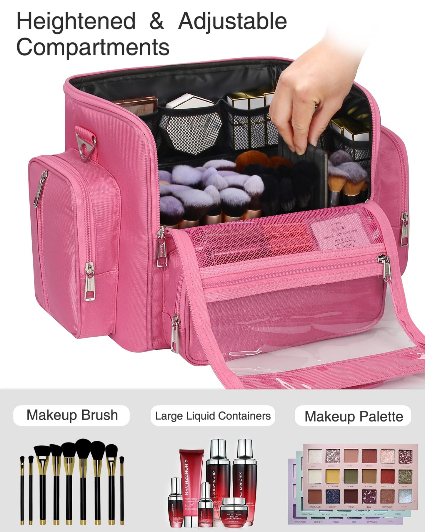 NAONAYA Pink Makeup Brush Bag, Clear Makeup Brush Holder with Lid, Extra Large Capacity Travel Cosmetic Bag Makeup Artist Must Haves,Make Up Organizers and Storage, with Adjustable Dividers