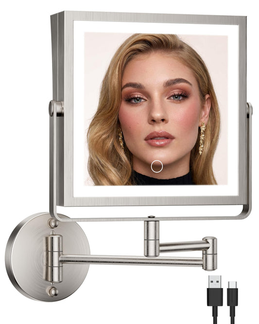 WZKALY Rechargeable Wall Mounted Makeup Mirror with Lights, 4000mAh Double Sided 1X/10X Magnifying Vanity Mirror with 3 Color Lights, Touch Dimmable, 360° Extension Foldable Arm(Brushed Nickel）