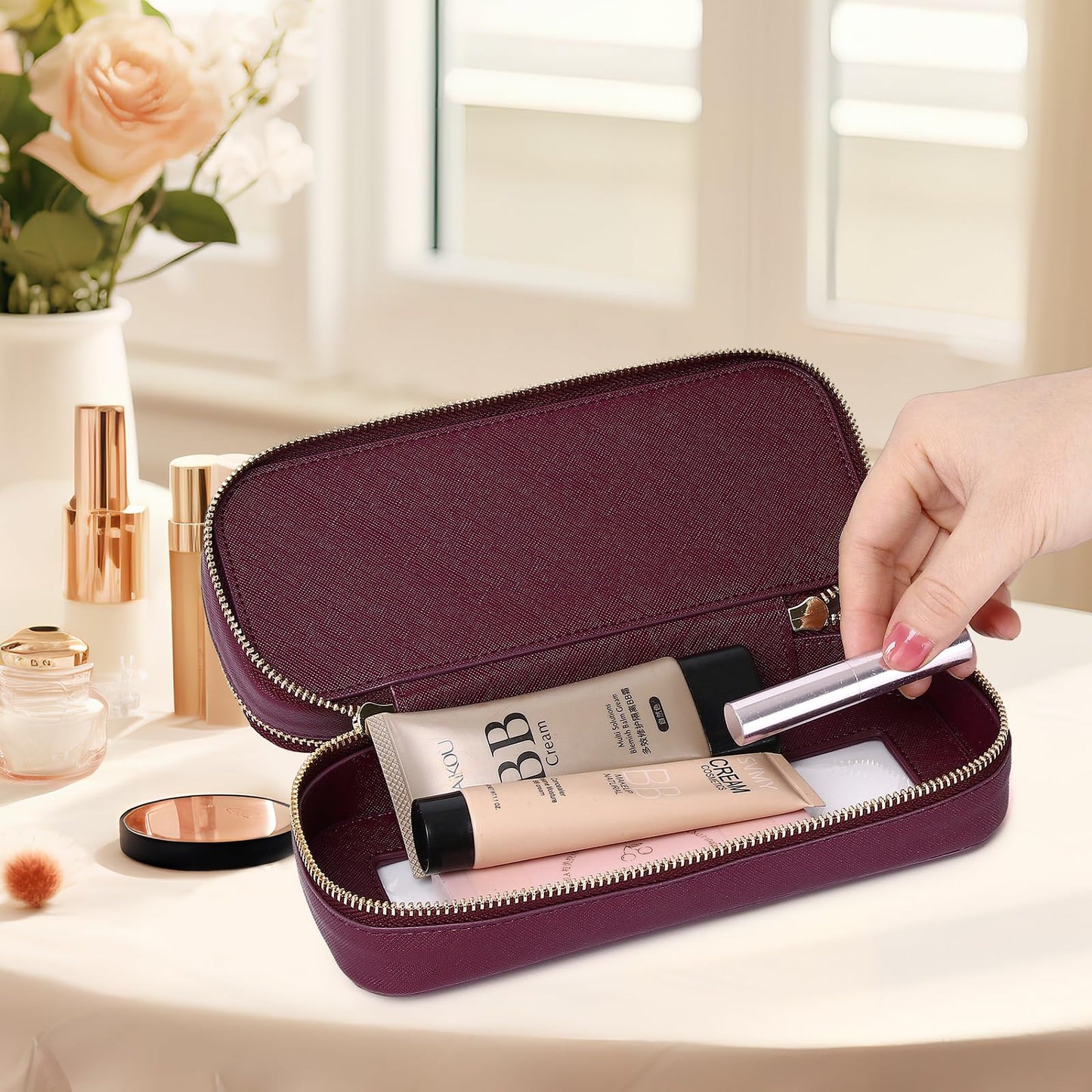 Pinkmik Double Layer Makeup Bag, Burgundy, Double SLIM