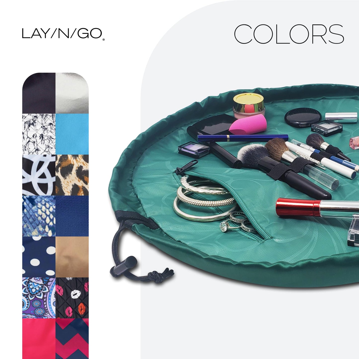 Lay-n-Go Cosmo Lay Flat Drawstring Cosmetic & Makeup Bag Organizer - Zipper Pocket, Brush Loops & More - Durable, Machine Washable Toiletry Carrier for Travel, Cinch Closure, Gift (20", Evergreen)