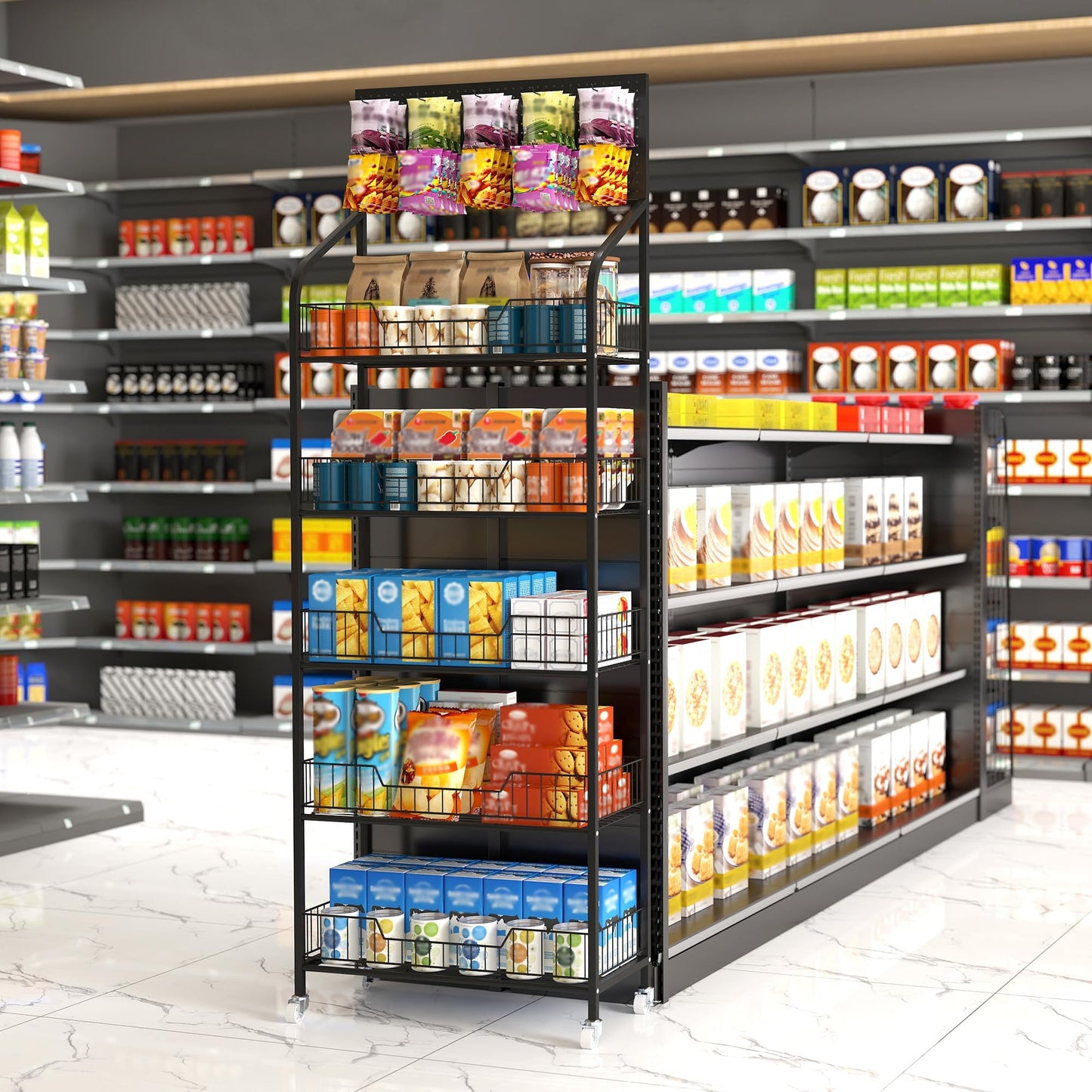 Wpokke Retail Snack Display Stand, 5-Tier Black Metal Storage Shelf Rack with Wheels & Hooks, Heavy Duty Retail Display Shelves for Snacks, Candy, Chips, Drinks, Organizer Rack for Store, Supermarket