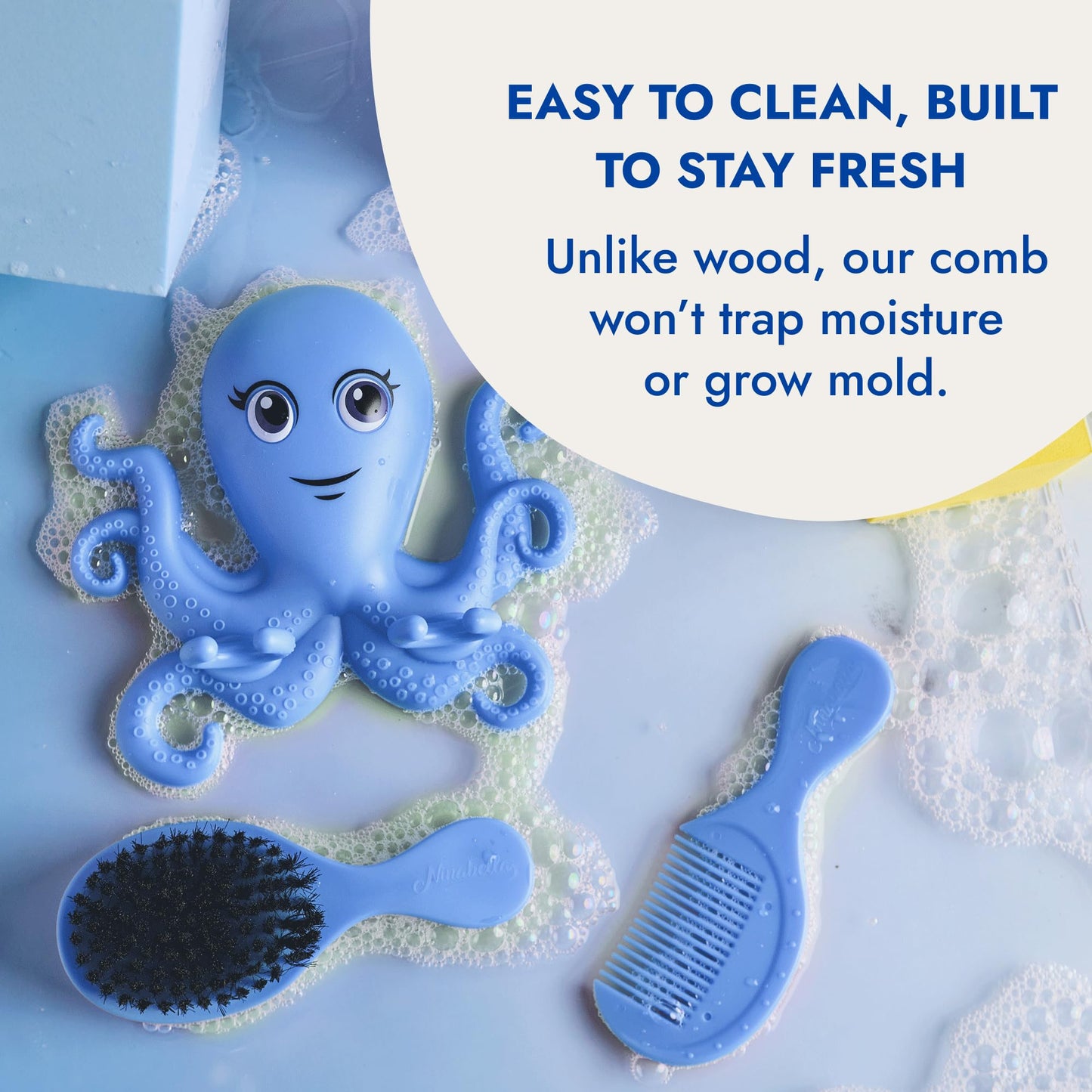 Ninabella Octo Baby Hair Brush with Comb for Newborn - Cradle Cap - No Drill Wall Holder Set - Soft Fine Black Bristles - From Birth to 18 Months - Azure Blue