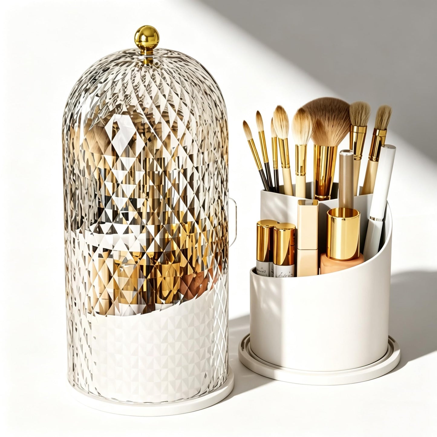LEAFEEL LEFEEL Lumière Mini 360 Rotating Makeup Organizer with Lid, Diamond Cut Cosmetic Organizer - Dustproof Vanity Organizer for Makeup Brushes, Toothbrush & Bathroom Countertop （White