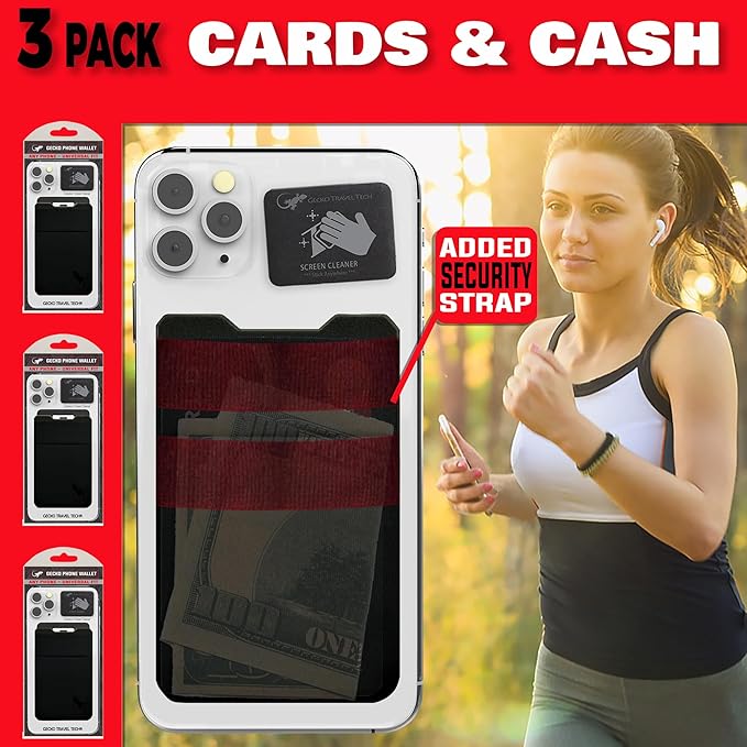 Gecko Travel Tech Double Pocket - Adhesive Card Holder - Cell Phone Pouch - Stick on Spandex Pocket - Carry Credit Cards and Cash (3 PACK - -BLANK- BLACK)