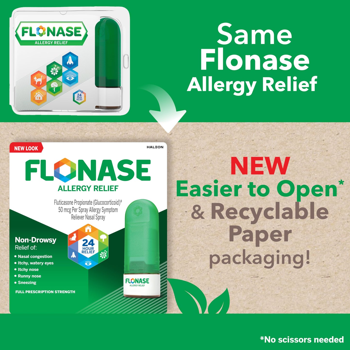 Flonase Allergy Relief Nasal Spray Fluticasone Propionate, 24-Hour Non-Drowsy Multi-Symptom Relief 144 Sprays, Bonus Pack of Tissues
