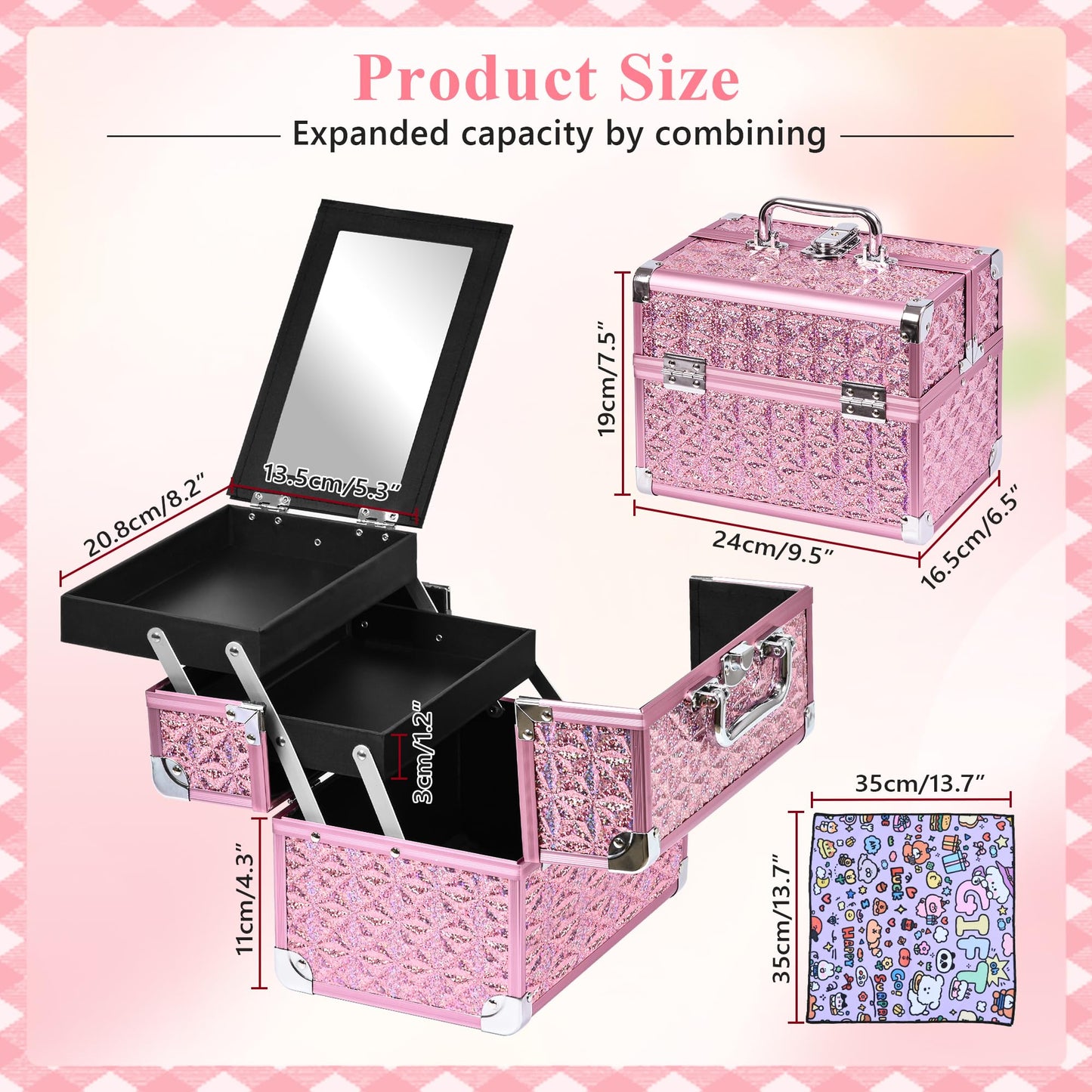 GALHUBIS Makeup Case Organizer,Makeup Train Case, Trays Cosmetic Box Portable, Profesional for Salon Barber,Pink