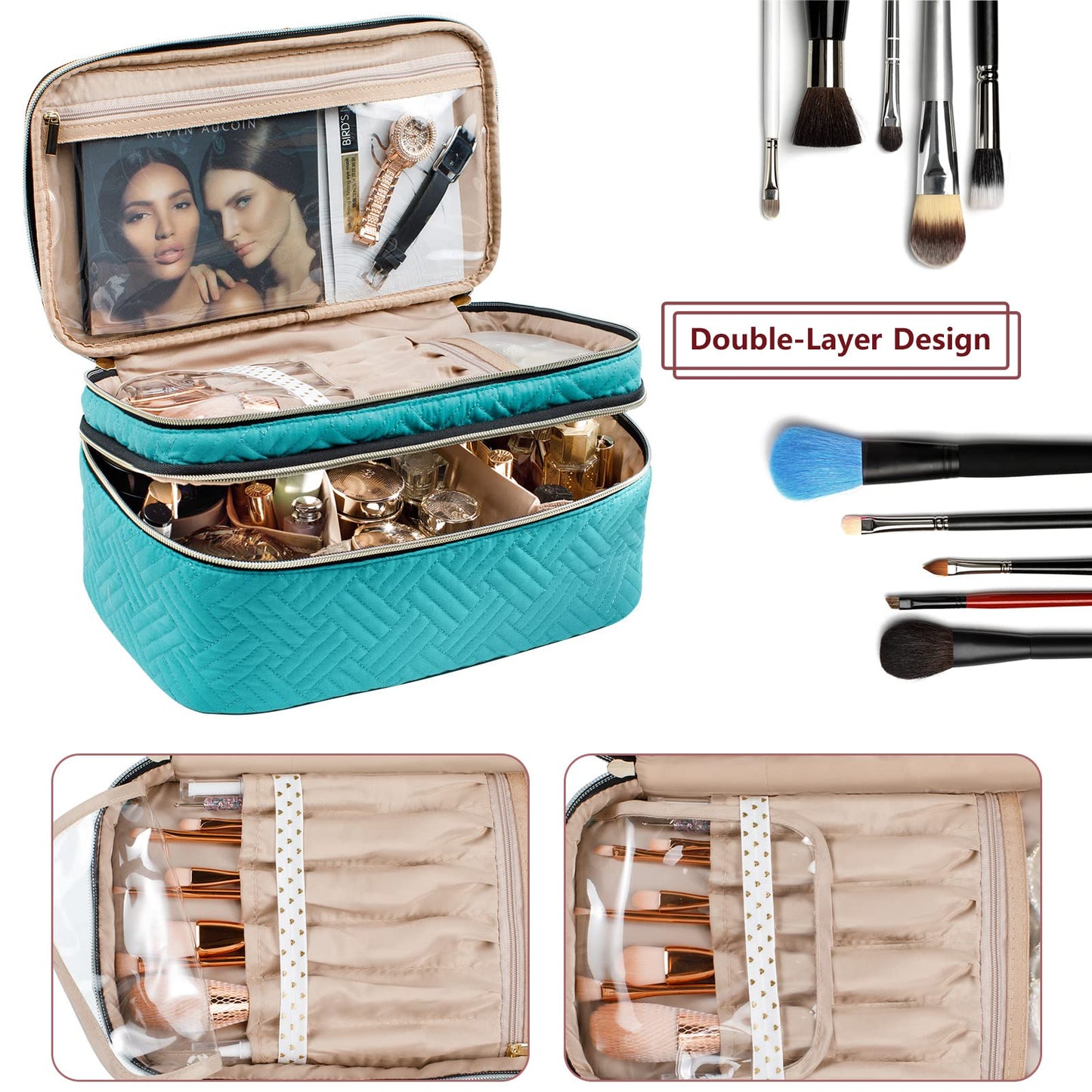 AMOIGEE Large Makeup Bag, Travel Makeup Bag Organizer, Double Layer Train Case Makeup Bag, Toiletry Bag for Makeup Brushes, Full Size Bottles, Palettes Sponge, Cosmetic Organizer