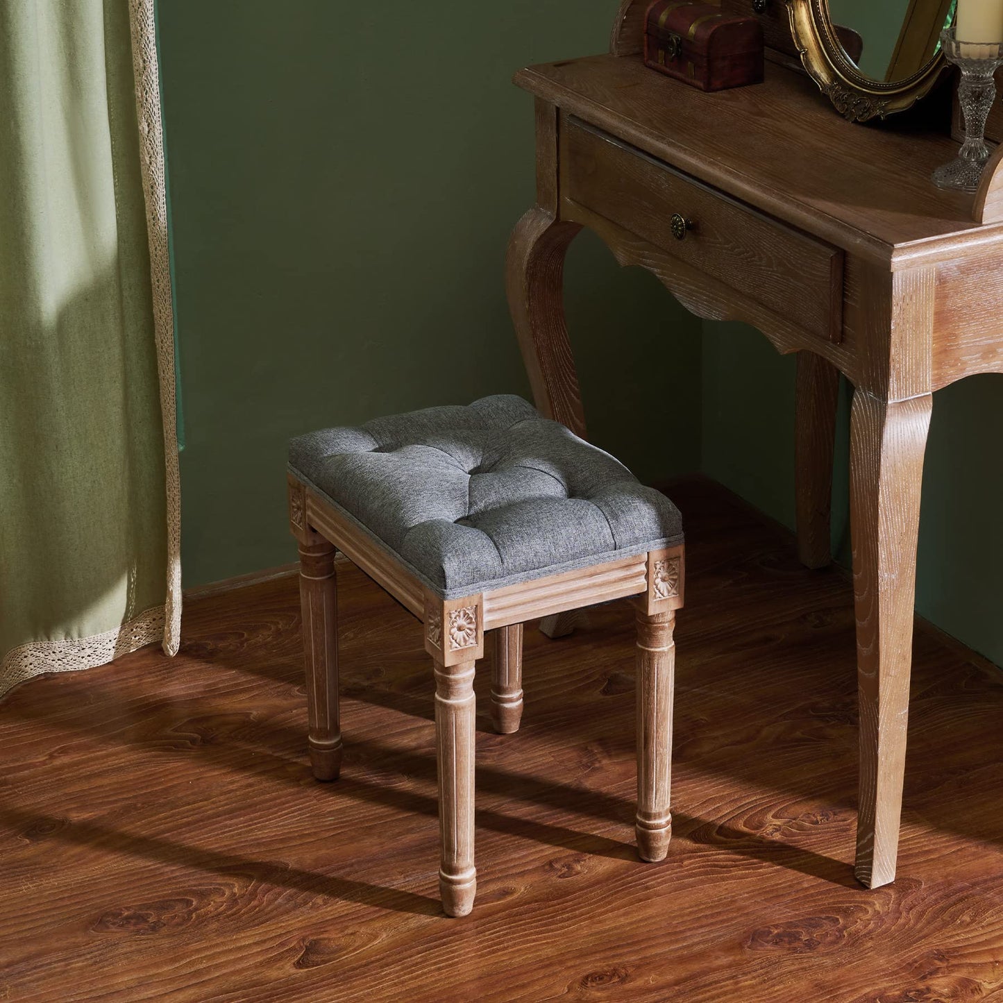 VONLUCE French Vintage Foot Stool with Rustic Wood Legs and Padded Seat, 18.5" High Memory Foam Upholstered Vanity Stool and Entryway Bench,Tufted Fabric Ottoman Stool for Bedroom Living Room, Gray