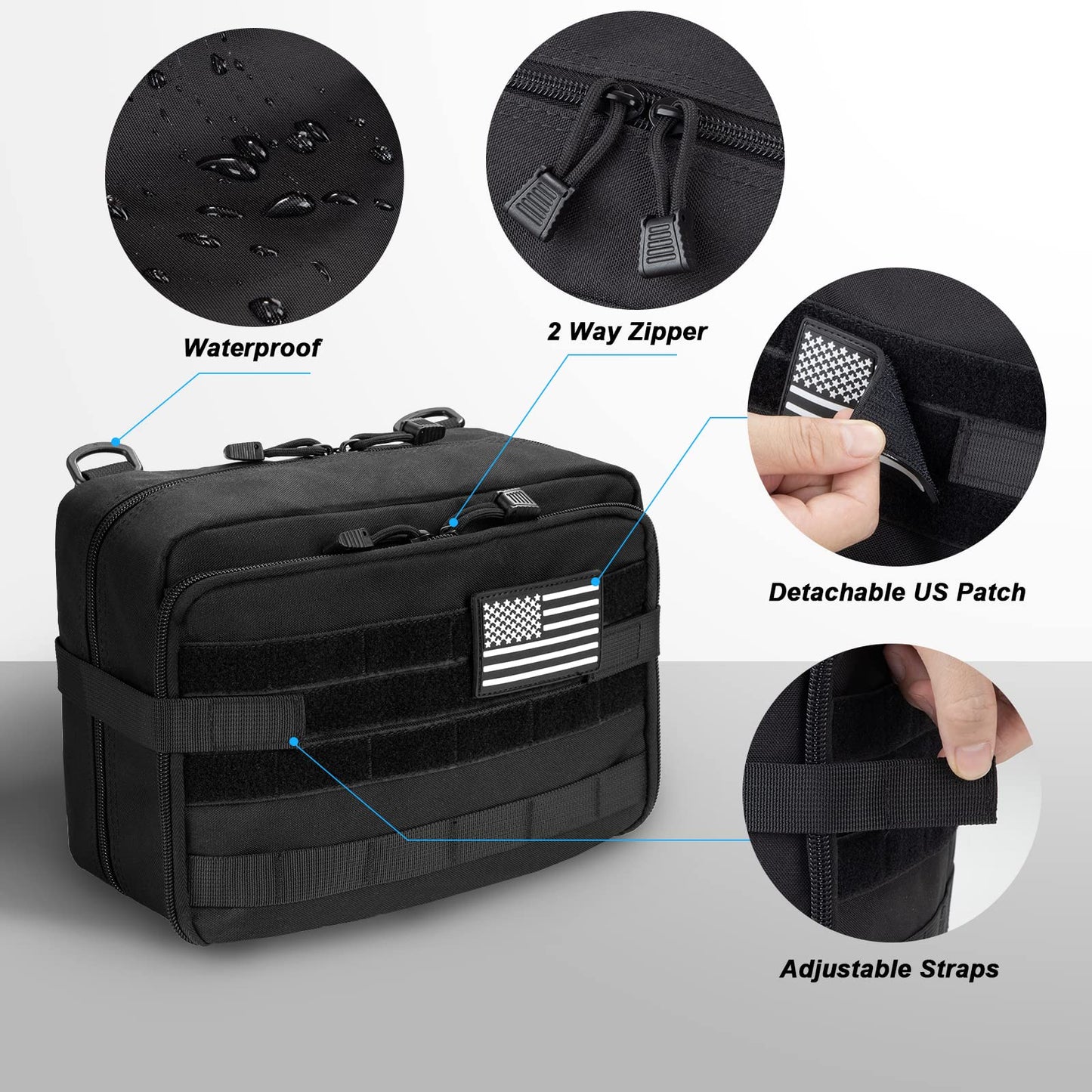 Jueachy Tactical Molle Pouch Admin Bag Utility Tool Pouches Molle Attachment EDC Large Pouches Expandable Molle Accessories Organizer Medical Pocket U.S.A Patch Included Black