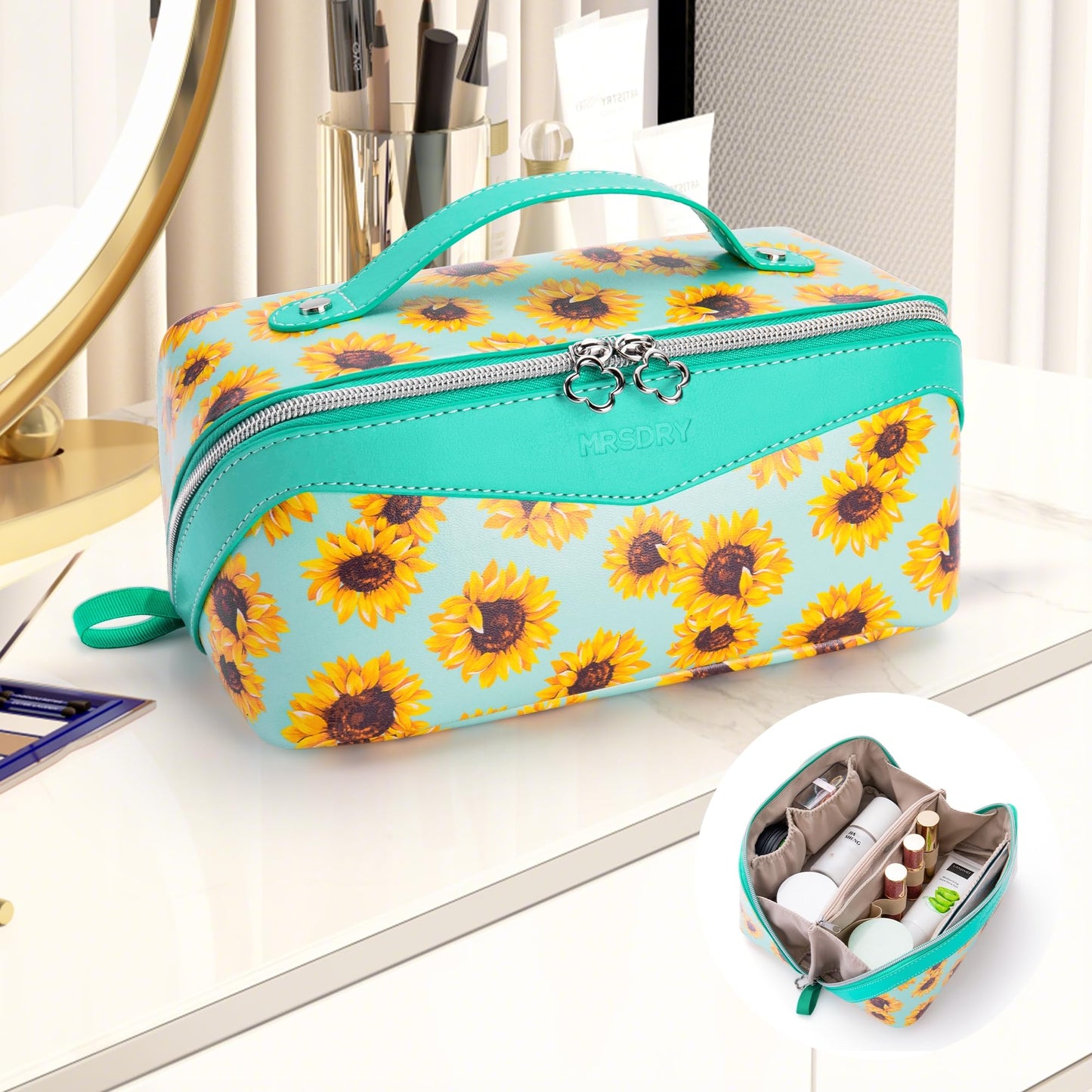 Mrsdry Travel Makeup Bag，Large-capacity waterproof cosmetic bag，Travel bags and toiletries bags for women，PU leather material，Multi-zone and large opening design (Sunflower)