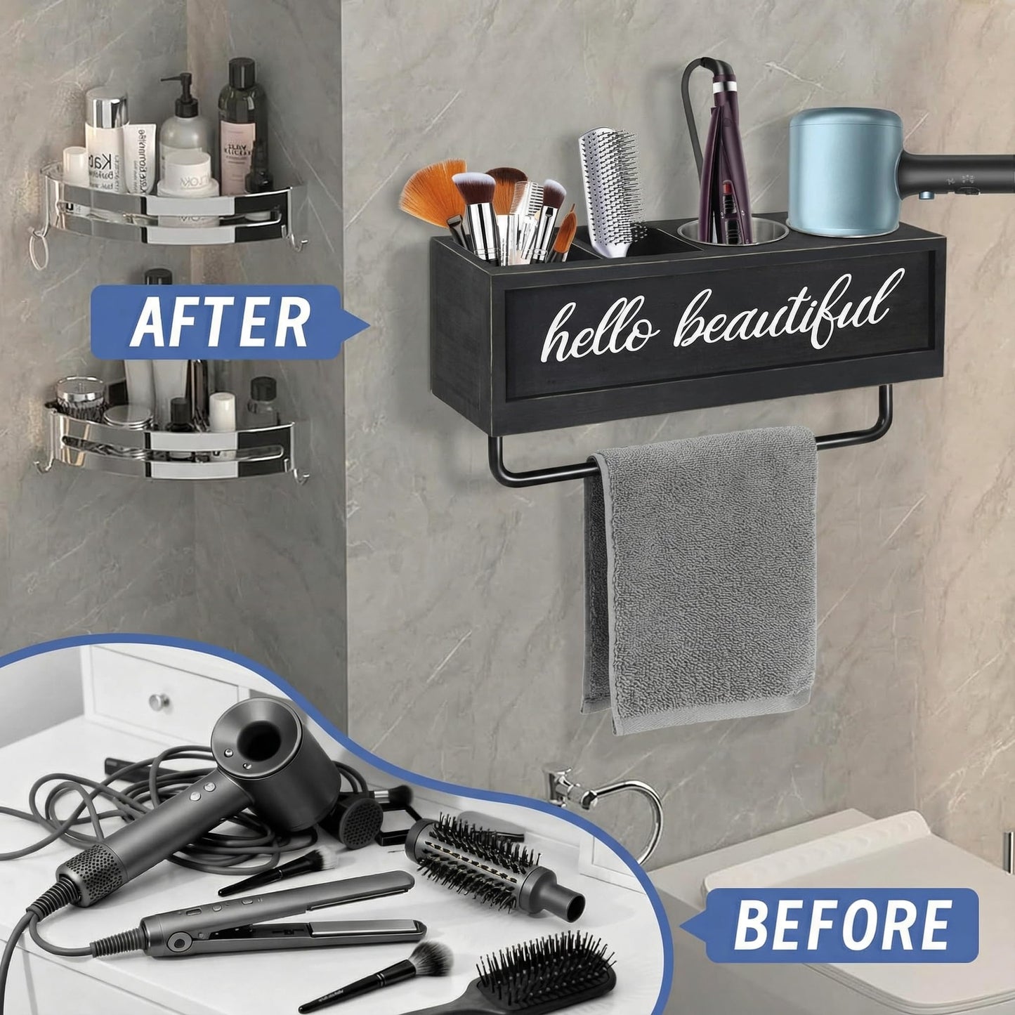 CusUnik Hair Dryer Holder Wall Mounted, Hair Tools and Styling Organizer with Towel Bar, Farmhouse Beauty Hair Appliance Holder for Flat Iron, Curling Wand, Towel Rack (Black)