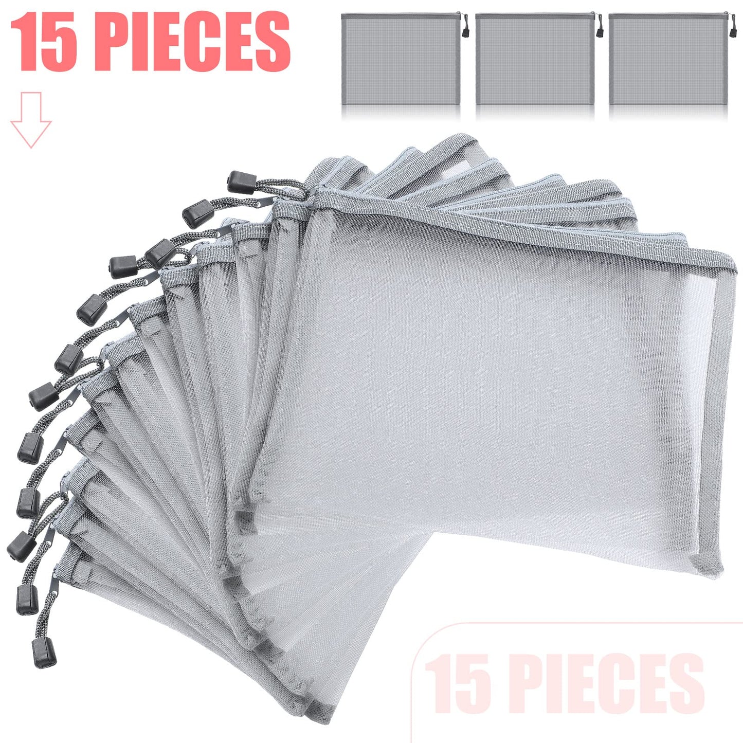 Outus 15 Pieces Mesh Bags Pouch Mesh Zipper Pouch Makeup Bags Cosmetic Travel Organizer Zipper Pencil Case for Organizing Office travel Storage(9.84 x 7.09 Inches,Gray)