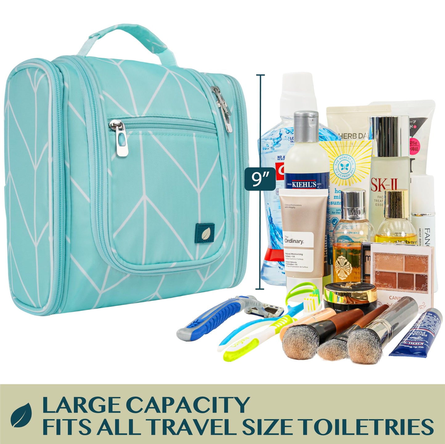 PAVILIA Toiletry Bag Travel Bag for Women Men, Hanging Cosmetic Organizer, Water Resistant Makeup Bag for Accessories Toiletries, Large Travel Essentials Kit (Teal Chevron)