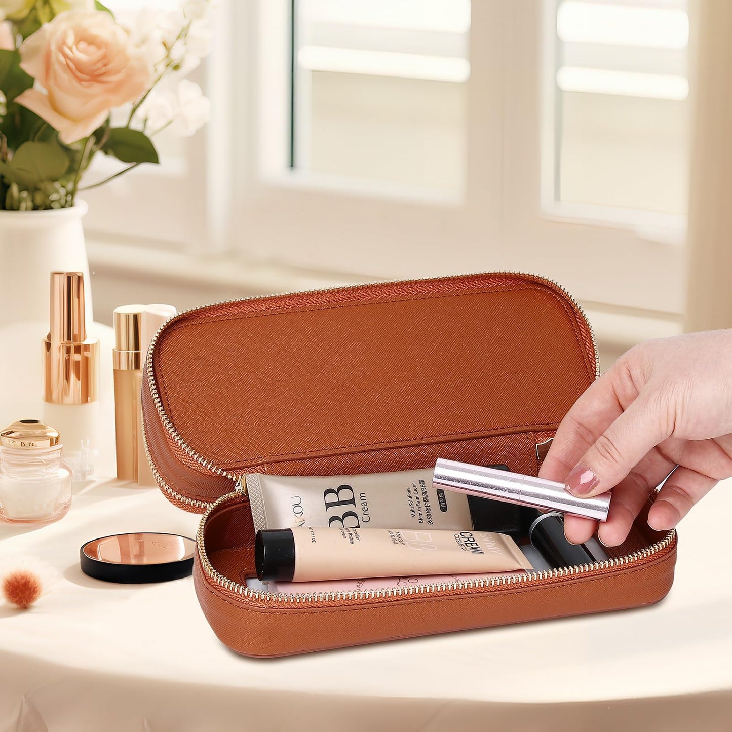 Pinkmik Double Layer Makeup Bag, Brown, Double SLIM